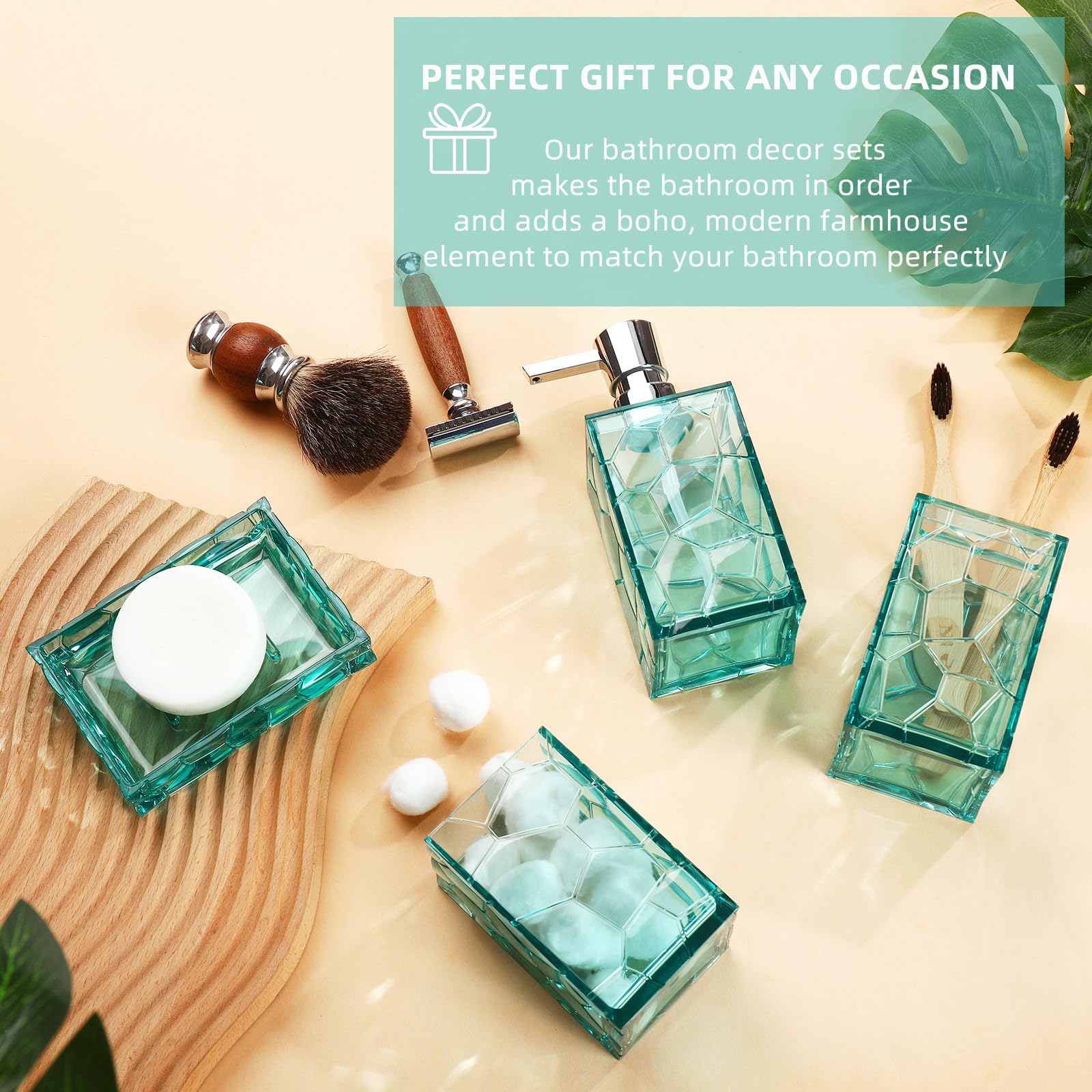 Gahefy Teal Blue Beach Bathroom Accessories Set With Toothbrush Holder, Soap Dispenser, Tumbler, Soap Dish, Turquoise Bathroom D