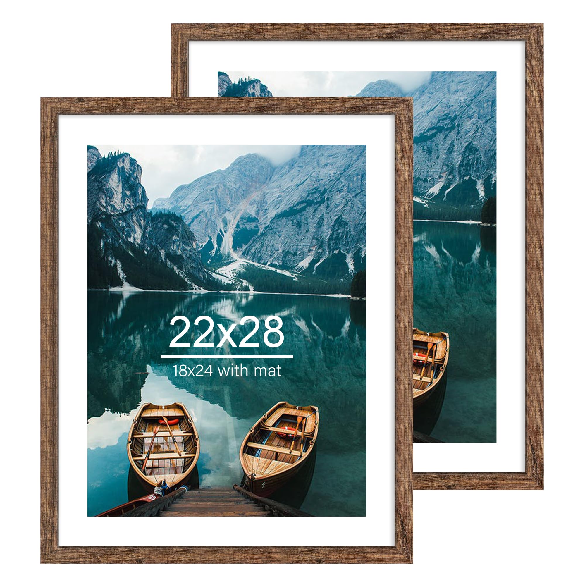 Hongkee 22x28 Frame Set of 2, Rustic Brown Wood Style - Display 18x24 Picture Frame with Mat or 22 x 28 Poster Frame without Mat
