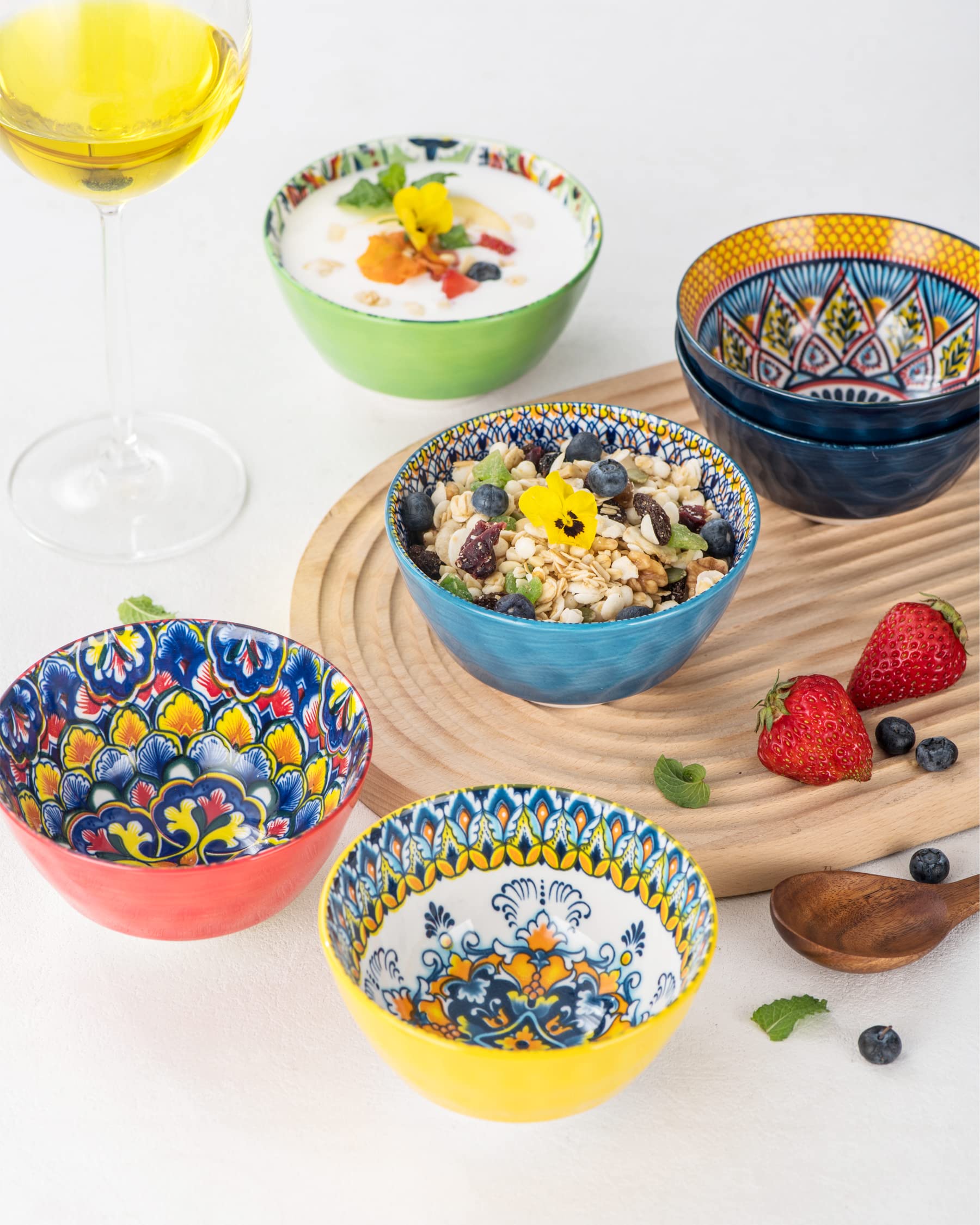 Henxfen Lead Ceramic Snack, Dessert Bowls Set Of 6-12 Oz Colorful Small Bowl Set For Ice Cream, Nut, Condiment - Porcelain Side