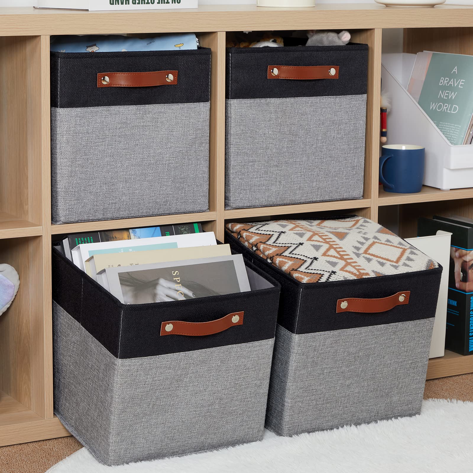 HNZIGE Cube Storage Baskets Fabric Storage Cubes 12 x 12  Set of 4 Decorative Storage Baskets for Organizing with Handles Closet Bins for Shelf Organizer Home Toy Nursery Closet(Black Gray)