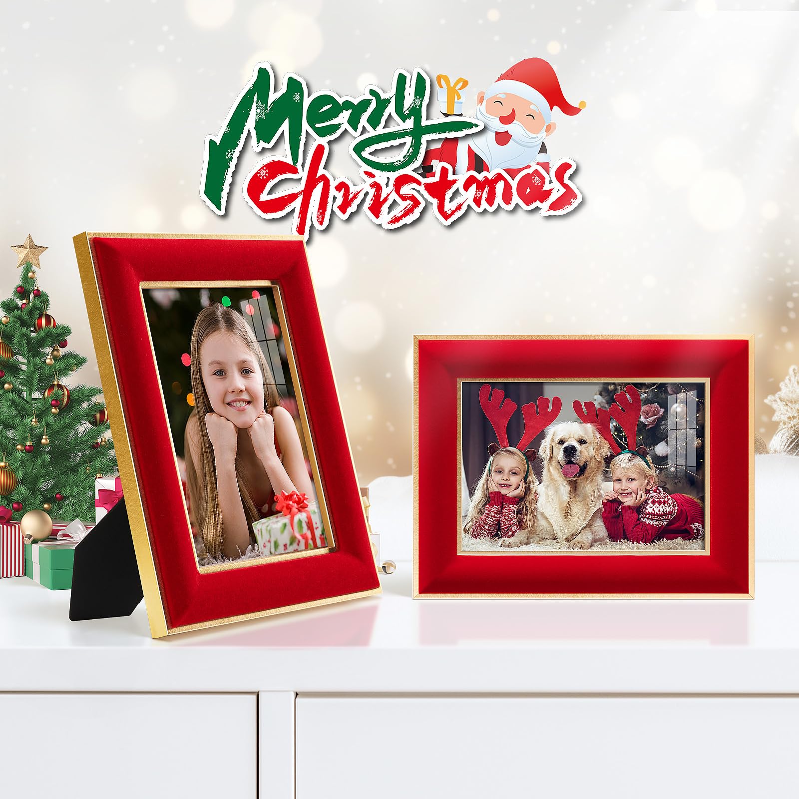 KSROECUD 5x7 Velvet Picture Frame, Red Photo Frames with Modern Simple Metallic Gold Border, HD Real Glass Horizontal & Vertical