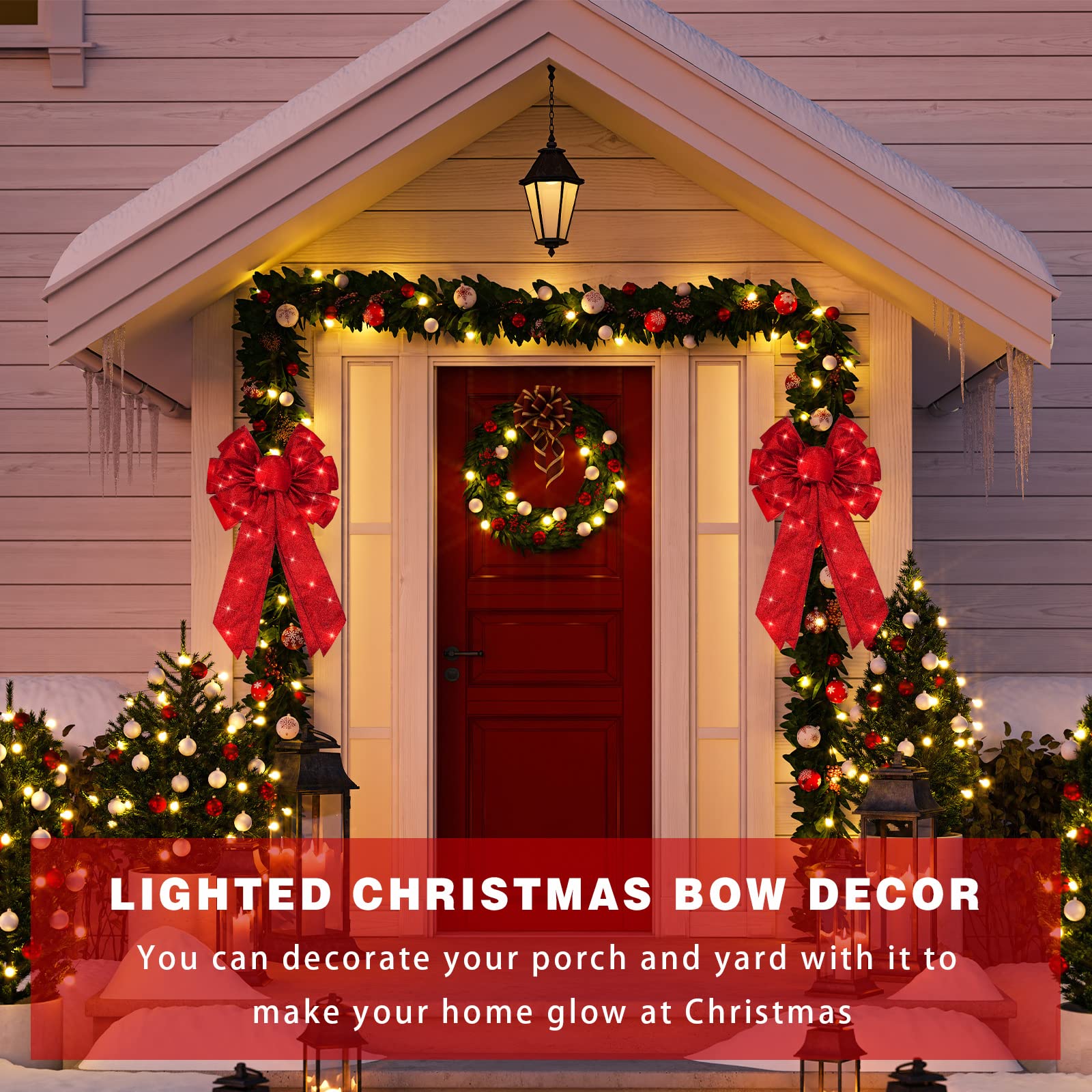 Giegxin 2 Pcs Large Red Lighted Christmas Bows with Lights for Wreath and Tree Topper, 18x F10 Inch Pre Lit Red Wreath Bow Light