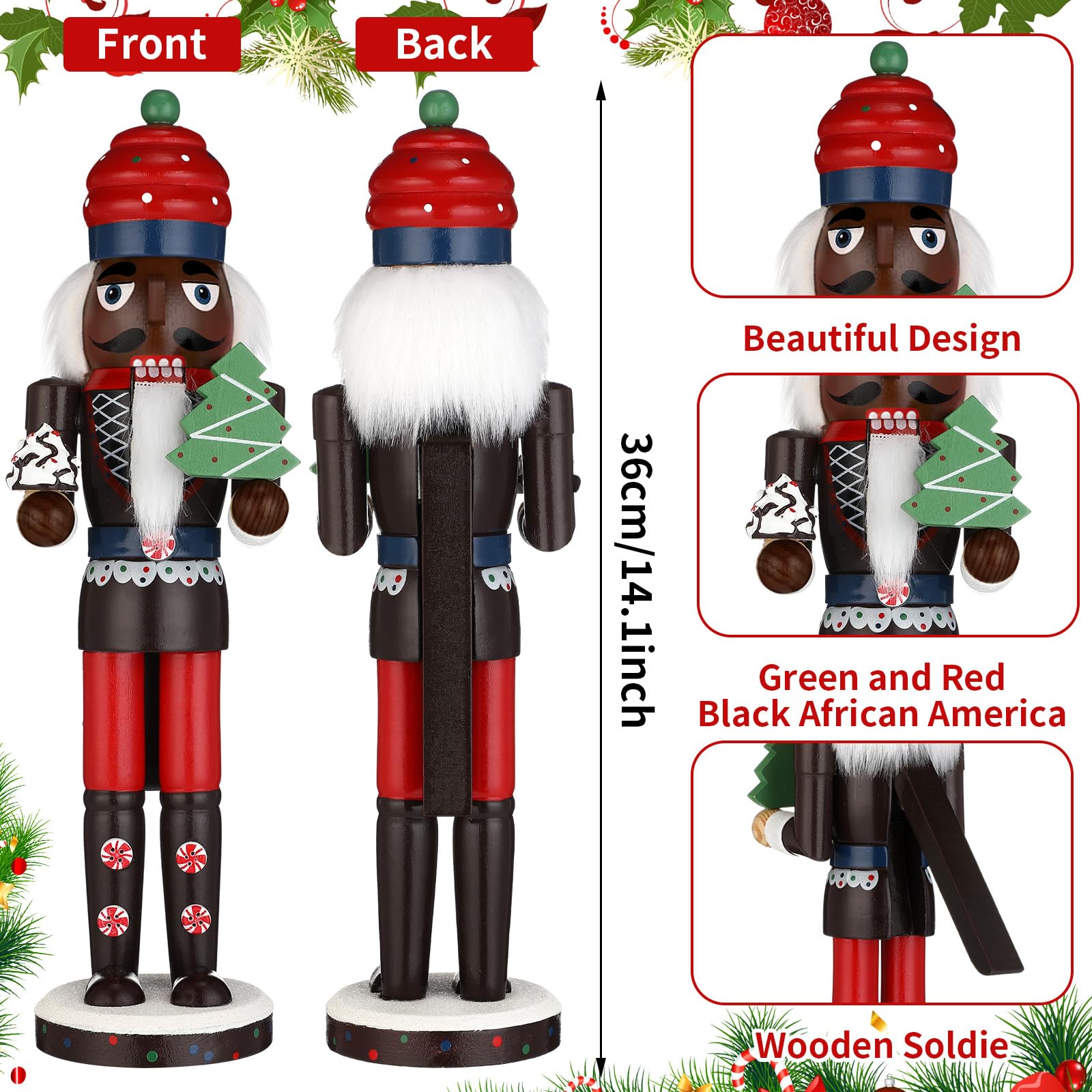 Hungdao 15 Inch Black Christmas Nutcracker Decor Wooden African American King Figure Black Santa Xmas Festive Soldier Nutcracker