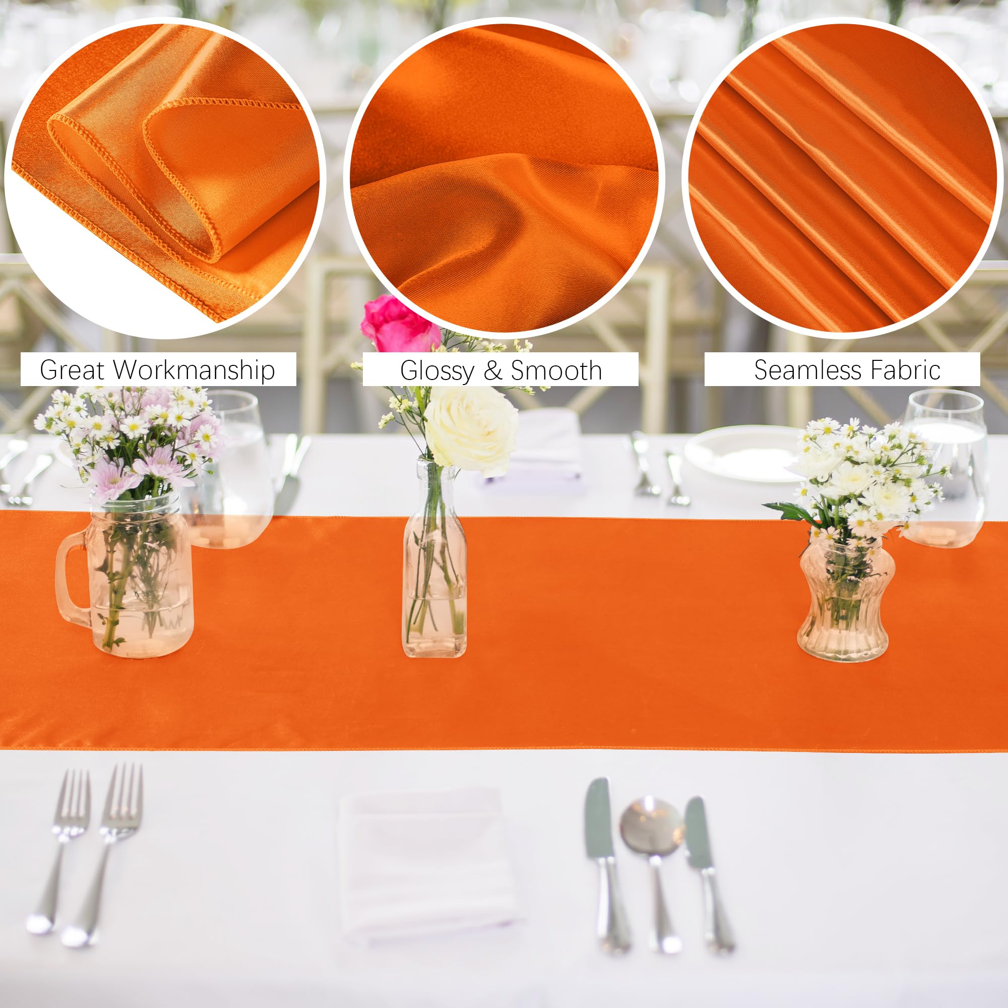 Aneco 12 Pack Satin Table Runner 12 X 108 Inch Orange Long Wedding Satin Silk Table Runner For Wedding Banquet Graduations Birth