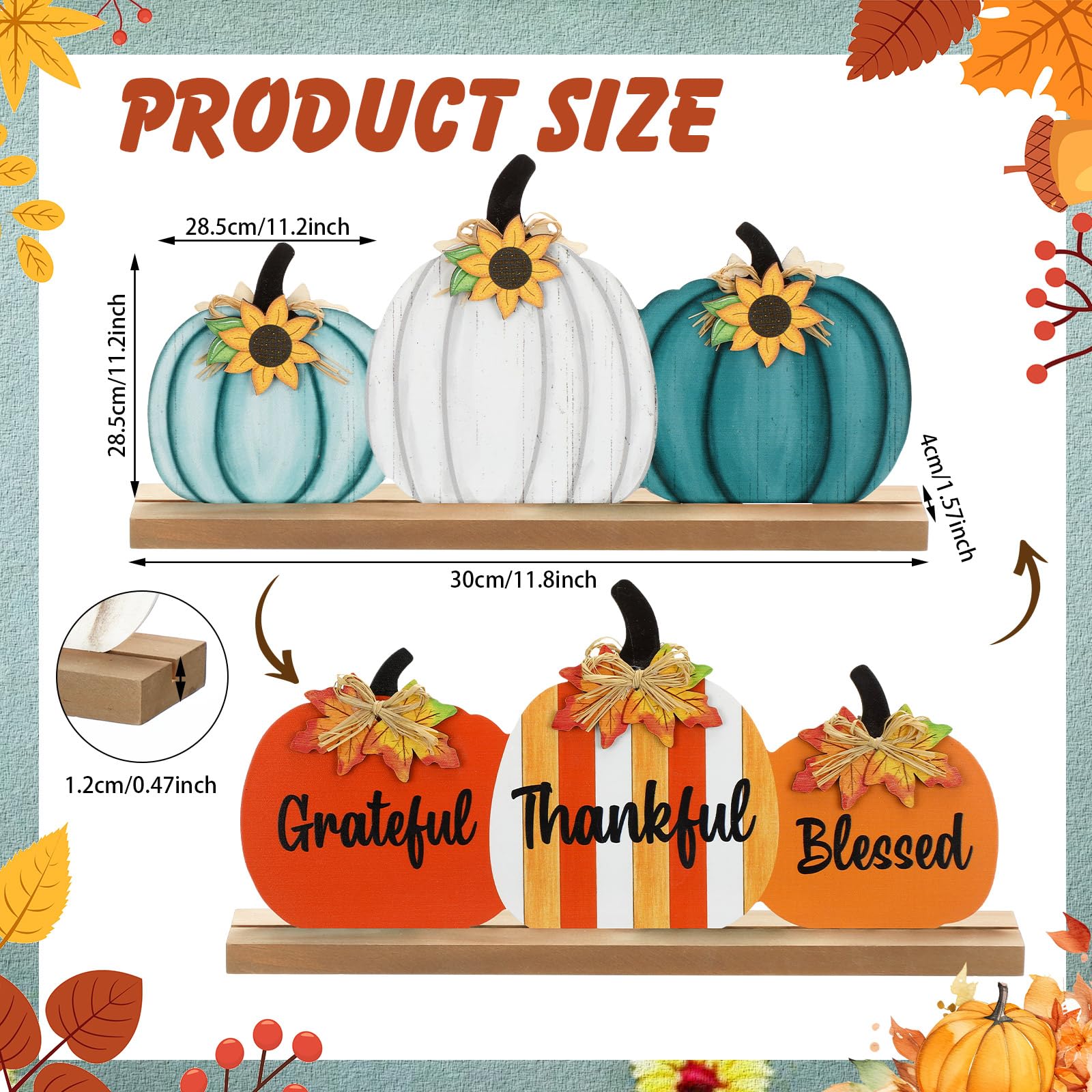 Purpeak Reversible Fall Thanksgiving Pumpkin Wooden Table Sign Double Sided Blessed Grateful Thankful Tabletop Decor Farmhouse V