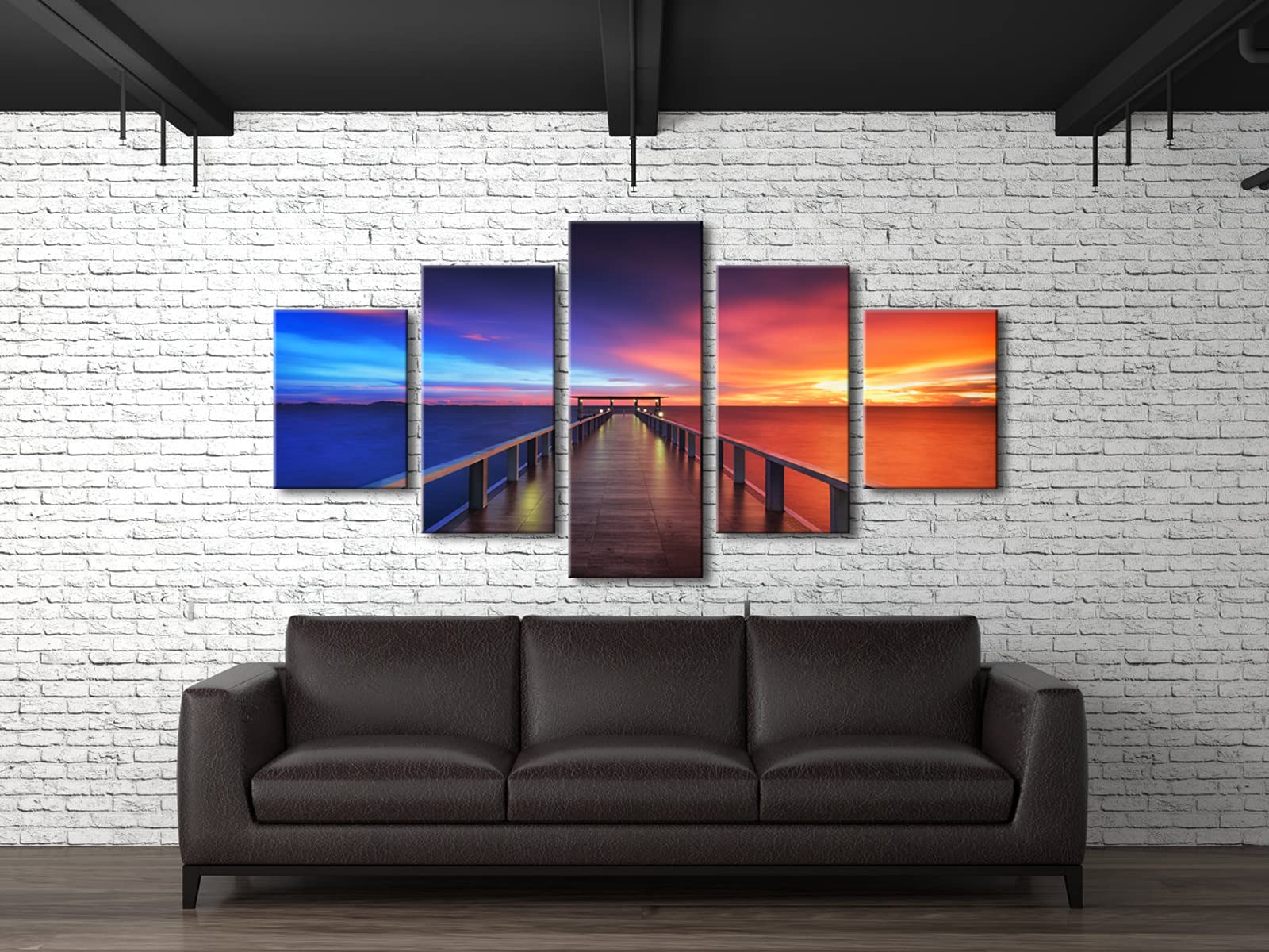 Pyradecor Sunset Bridge Large Modern 5 Piece Gallery Wrapped Seascape Artwork Giclee Canvas Prints Red And Blue Landscape Pictur