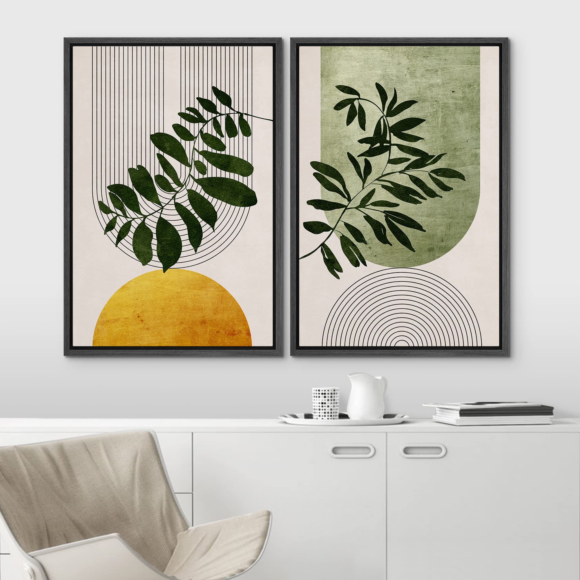 Idea4Wall Framed Canvas Print Wall Art Set Mid-Century Geometric Forest Plant Leaf Nature Wilderness Illustrations Modern Art Ru