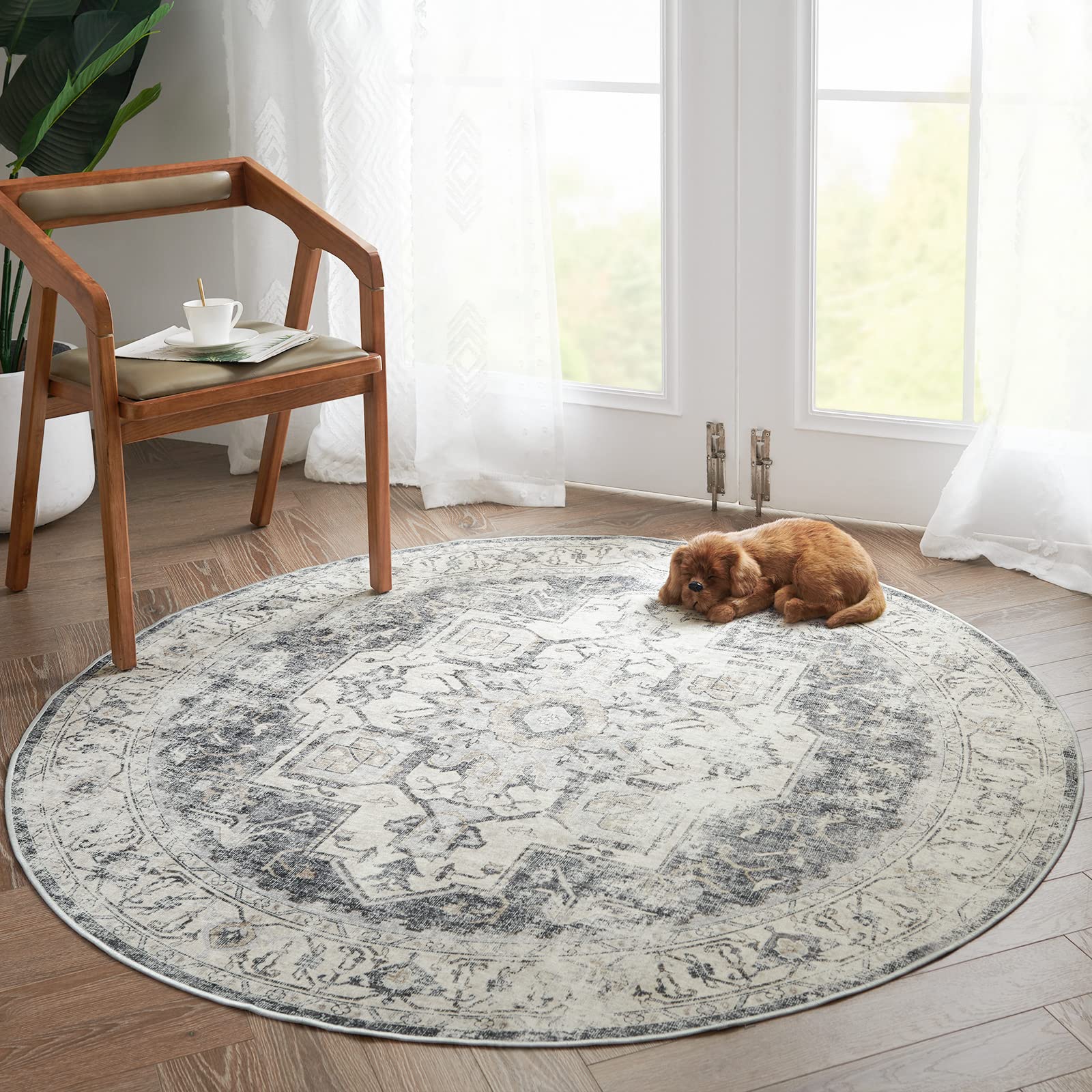 jinchan Round Rug 5ft Washable Rug Area Rug Vintage Rug Indoor Floor Cover Print Distressed Grey Multi Circle Rug 5 Round Gray 