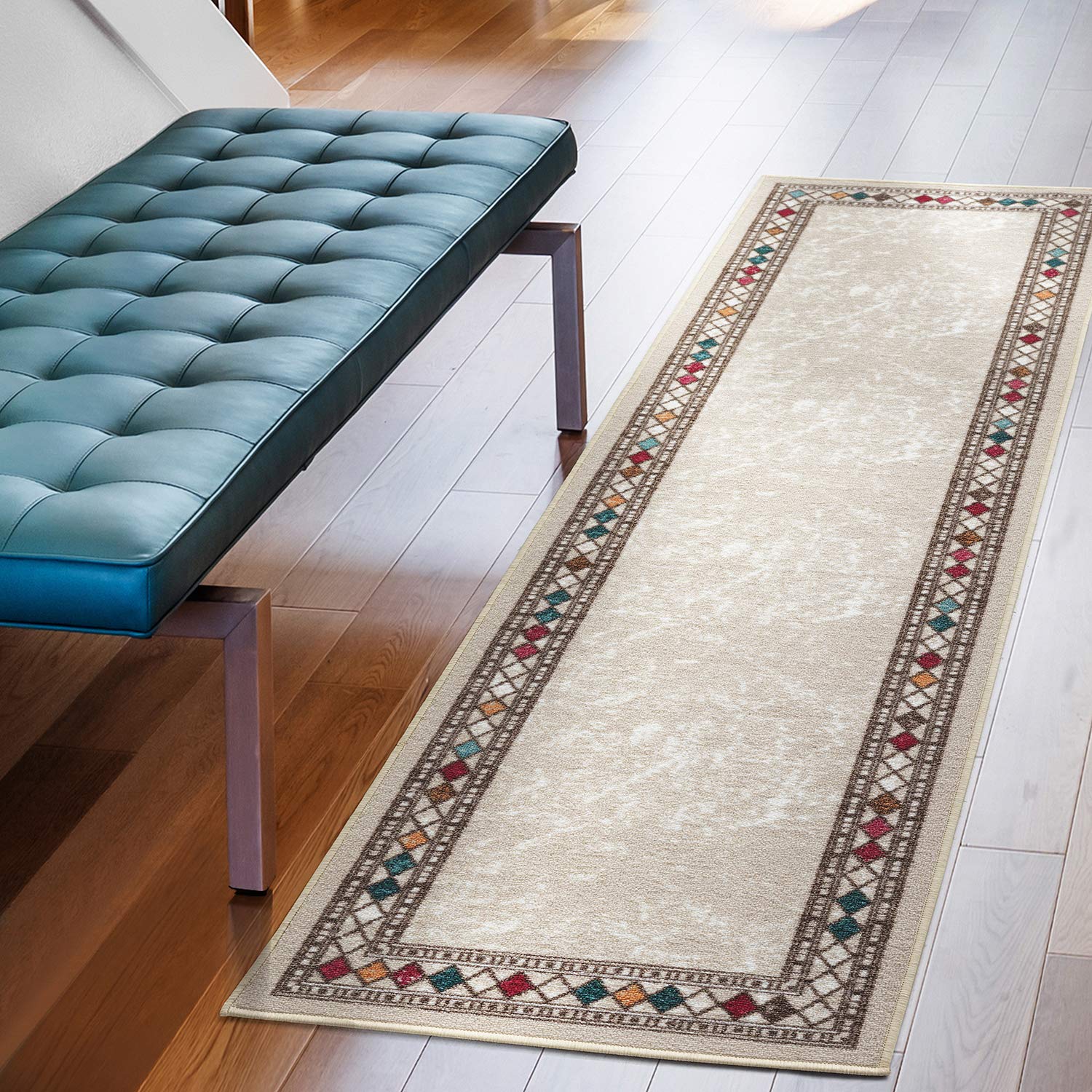 Antep Rugs Alfombras Modern Bordered 2x10 Non-Skid (Non-Slip) Low Profile Pile Rubber Backing Indoor Area Runner Rugs (Beige, 2