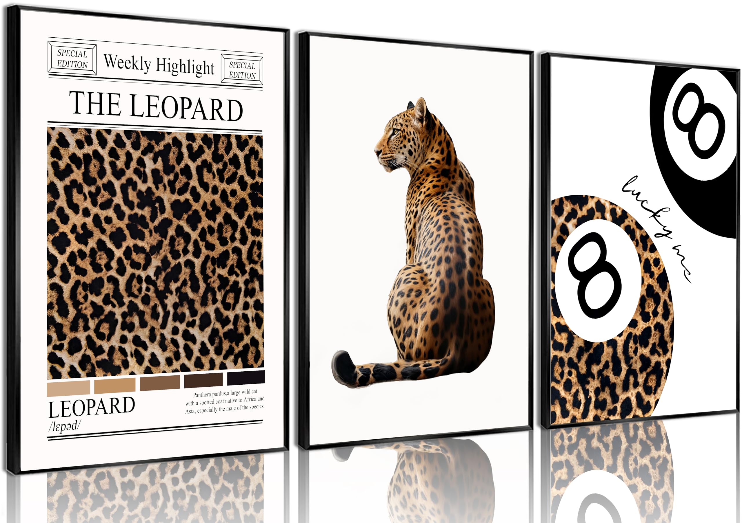 Set Of 3 Trendy Leopard Canvas Wall Art Funky Lucky 8 Ball Posters Prints Preppy Room Aesthetic Cheetah Wall Decor Pictures For 