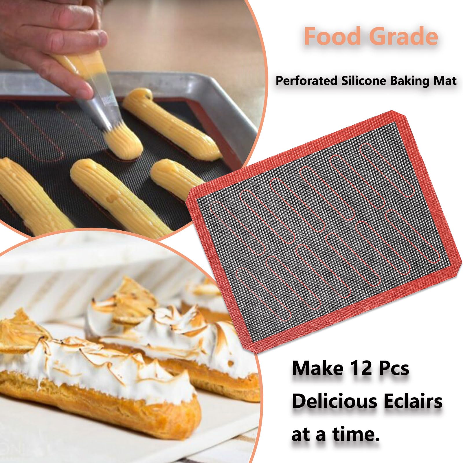 Perforated Silicone Baking Mats, 2 Pcs Eclair Silicone Mat For Half Sheet With 12 Printed Oblong Eclair Guides, Non-Stick Reusab