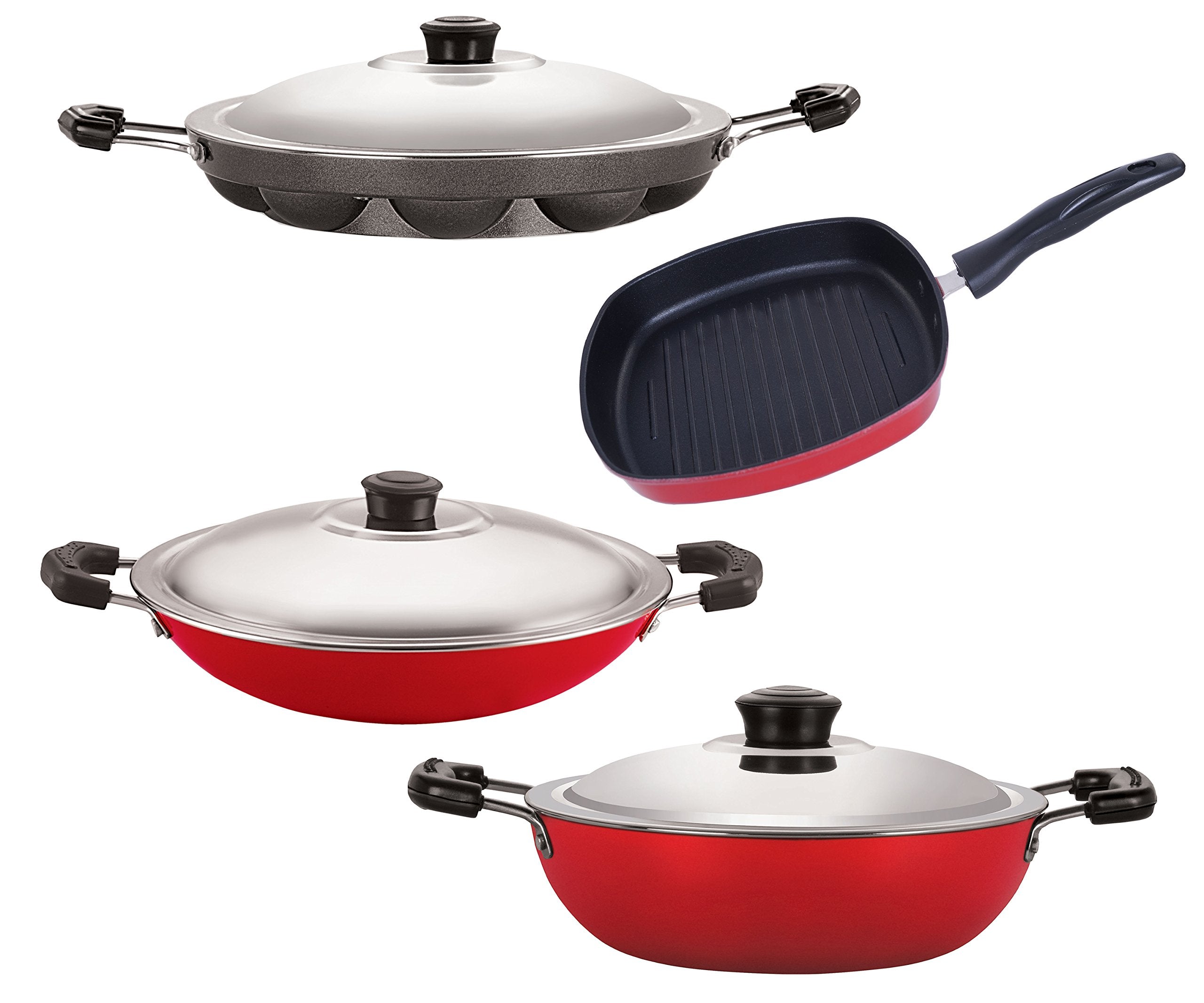 Nirlon NonStick Aluminum Cookware Set, 4Piece, Red And Black (Dkdb_Ap12_Ac_Gp22.5)