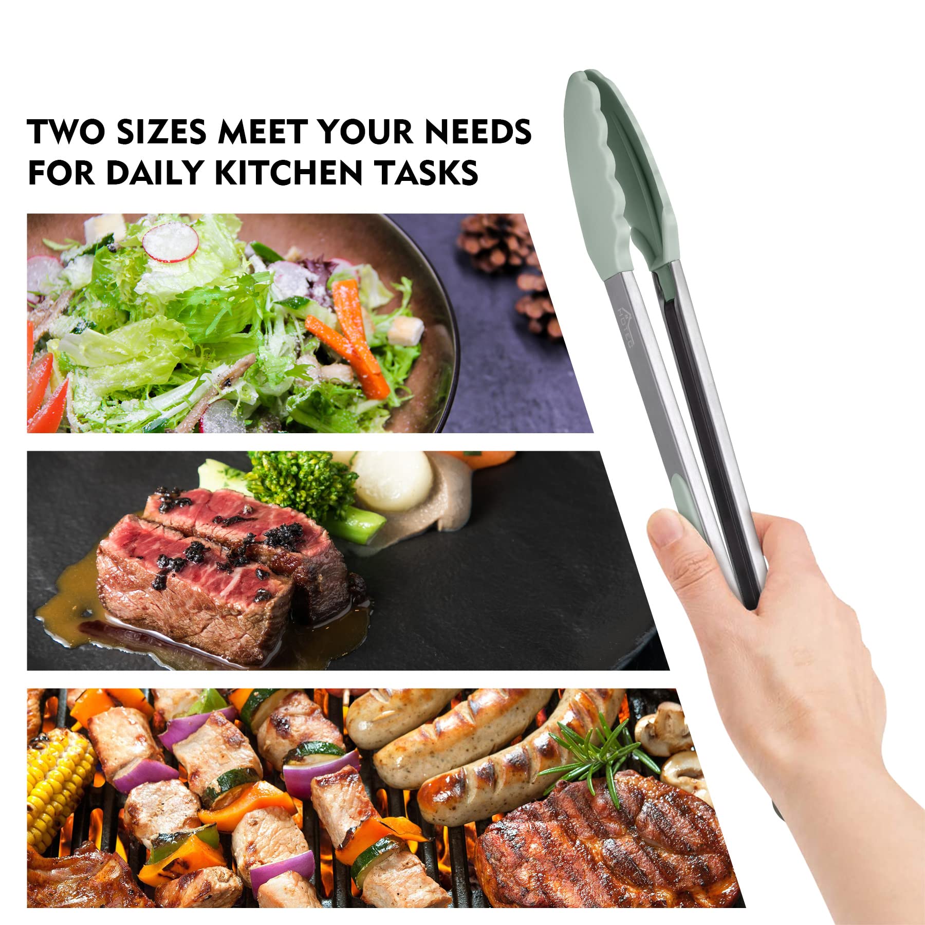 Hotec Premium Stainless Steel Locking Kitchen Tongs with Silicon Tips  Set of 2-9'' and 12'' Light Green