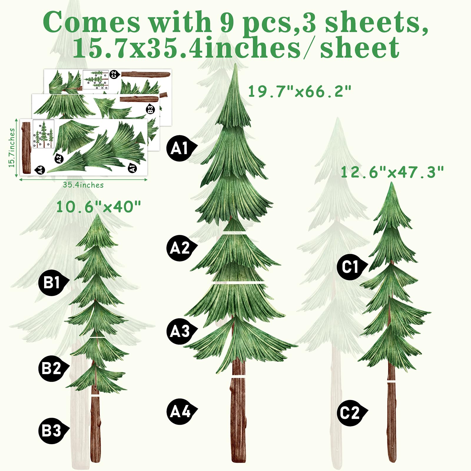MOSITU Large Pine Tree Wall Decal - Peel and Stick Watercolor, Evergreen, PVC, Model 212, Perfect for Nursery & Kids Room Decor