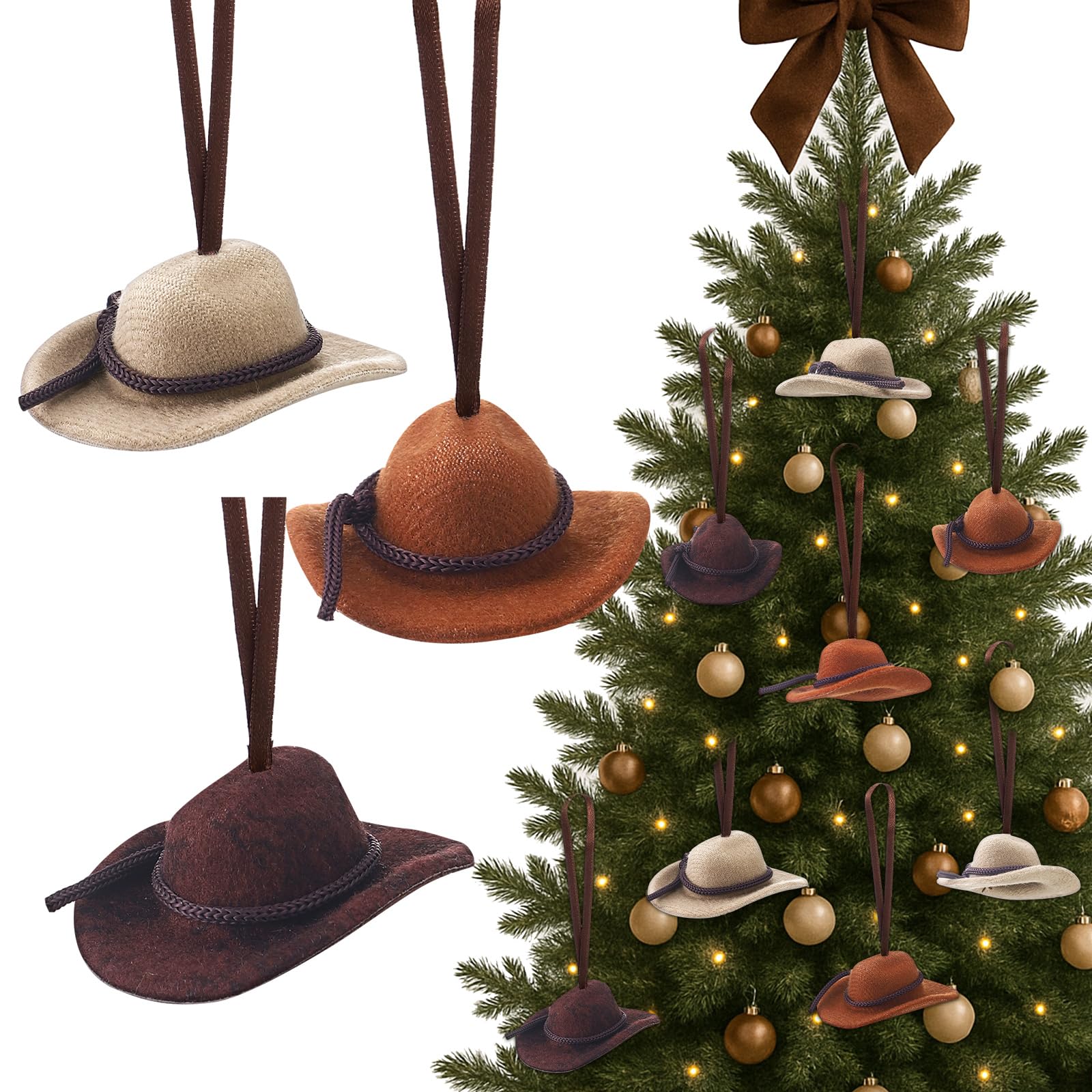 Bucherry 12 Pcs Christmas Western Ornaments Cowboy Cowgirl Hat Ornaments for Christmas Tree Decorations Mini Cowboy Doll Hat Bul