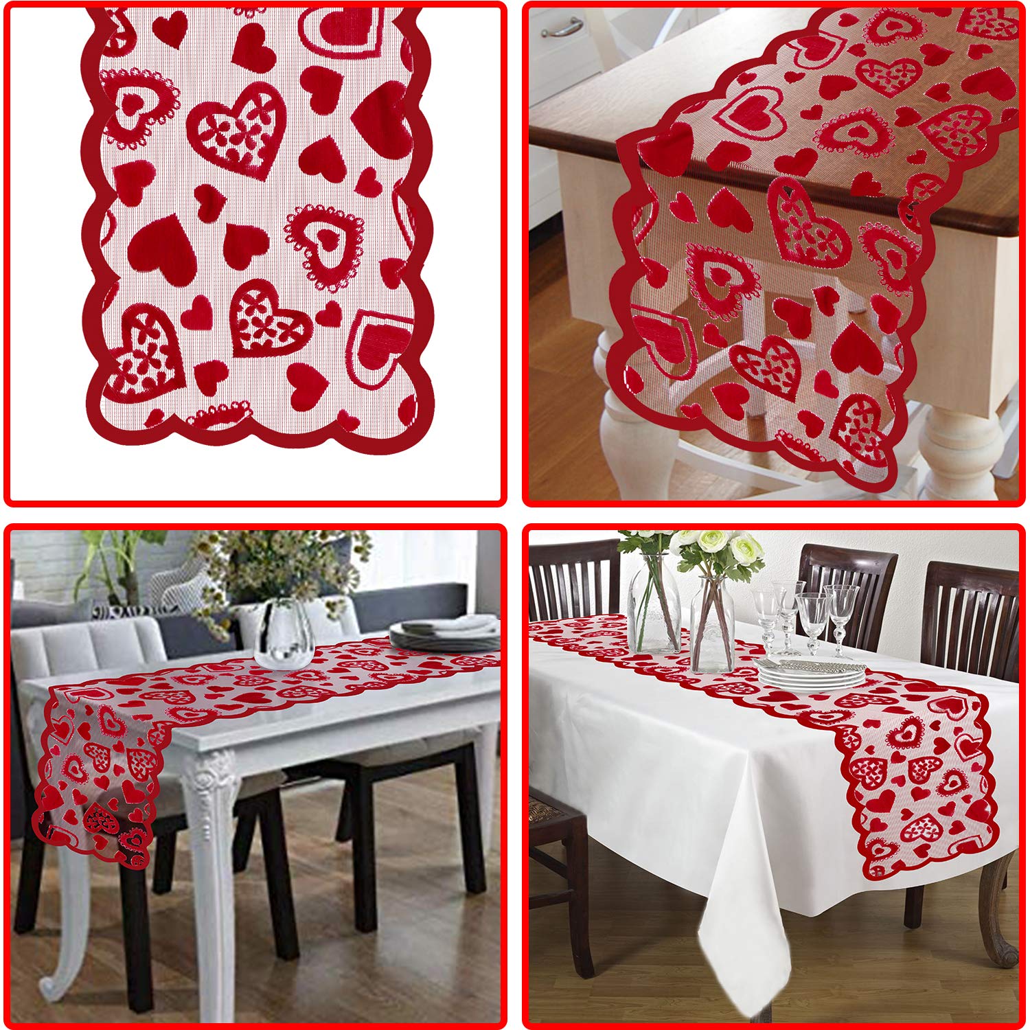 Mosoan Valentines Day Decor Table Runner - 13 X 72 Inch Red Lace Table Runner For Wedding Party, Valentines Decorations - Valent