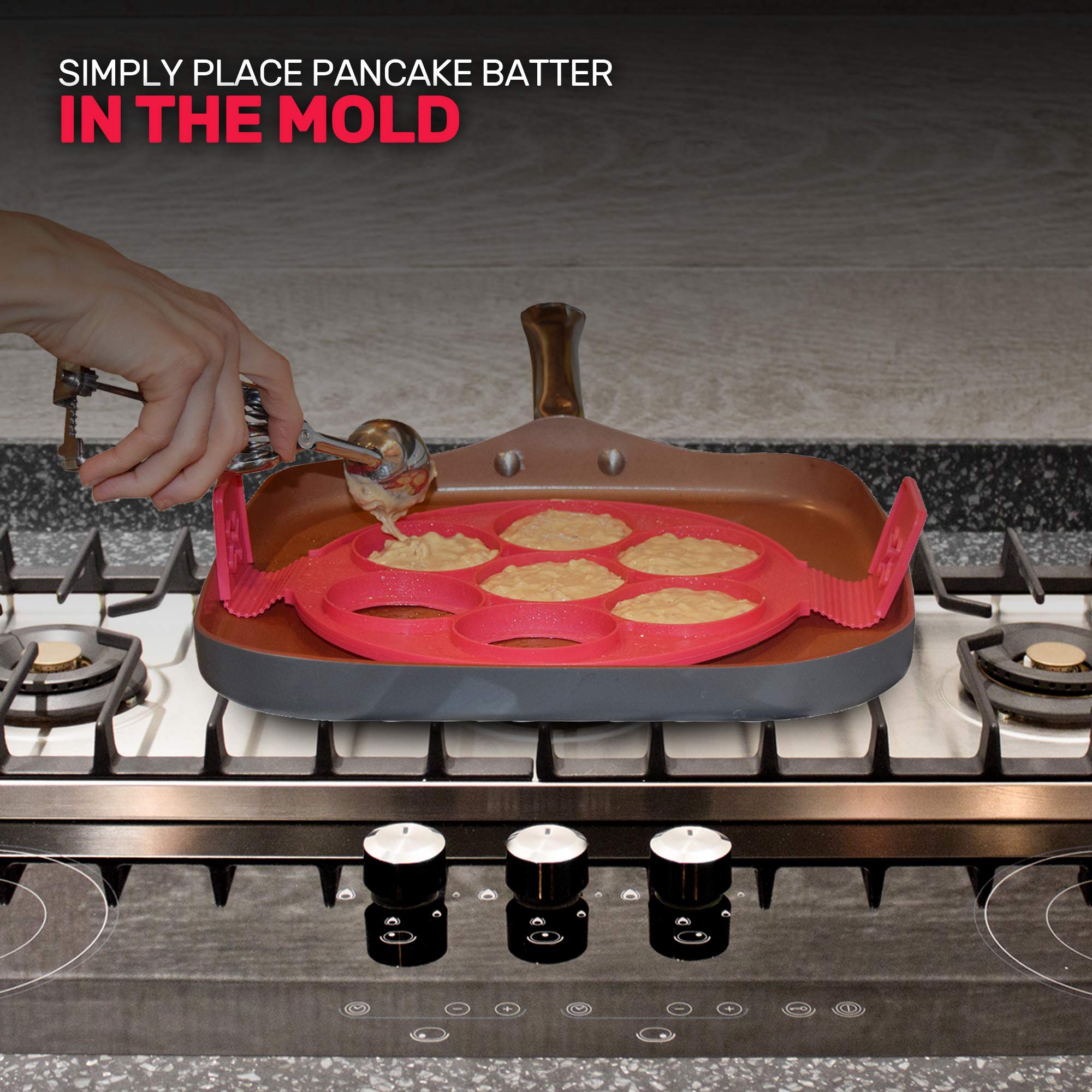 EXULTIMATE Silicone Pancake Mold - Mini Pancakes & Fried Eggs Maker, 7 Cavity, Red, Model WHD1185