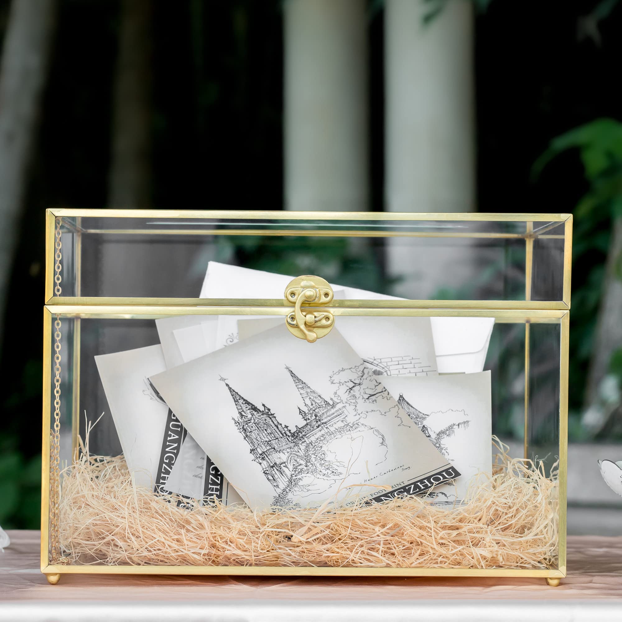NCYP Large Glass Wedding Cards Box with Slot for Party Reception, 12 x 9.4 x 8.4 Home Tabletop Clear Decor, Gold Centerpiece, Ke