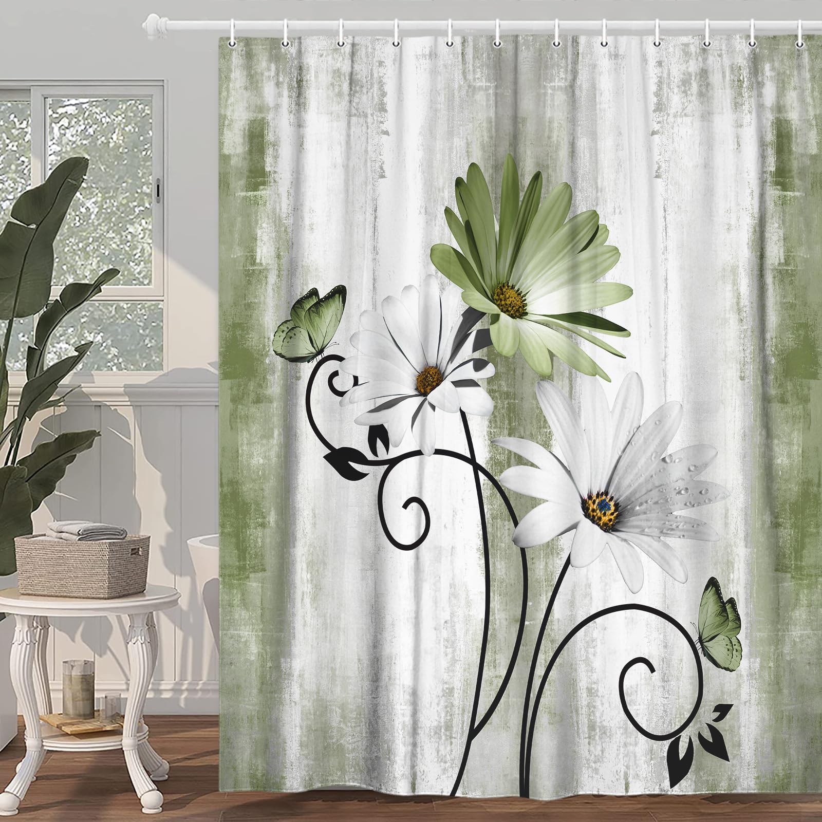 Rustic Farmhouse Shower Curtain, Farm Sage Green Daisy Floral Flowers And Butterfly On Country Wooden Forest Green Shower Curtai