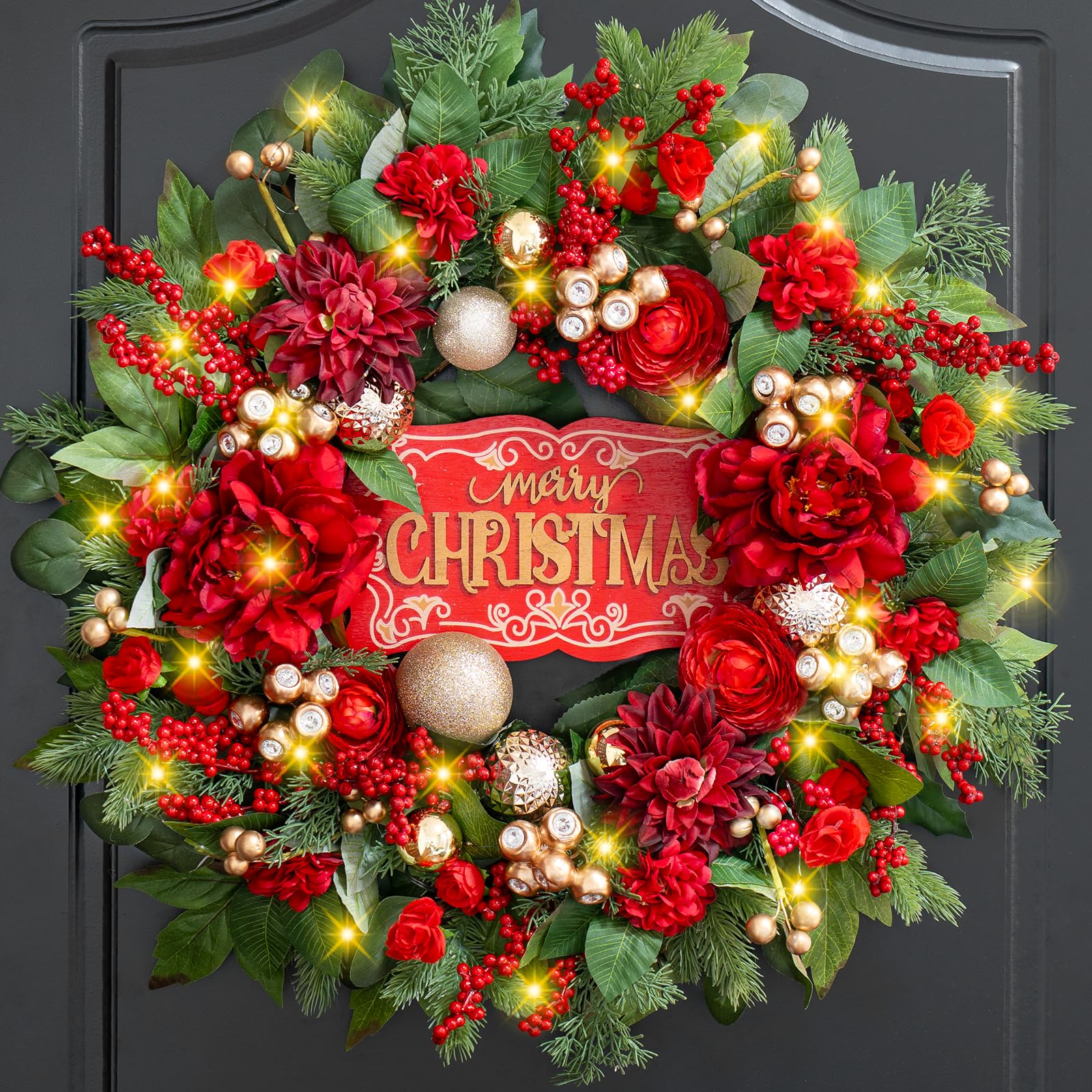 Christmas Wreaths for Front Door 24 Inch Christmas Wreath with Red Flowers, Berries, Gold Ornaments and LED Lights,Holiday Wreat