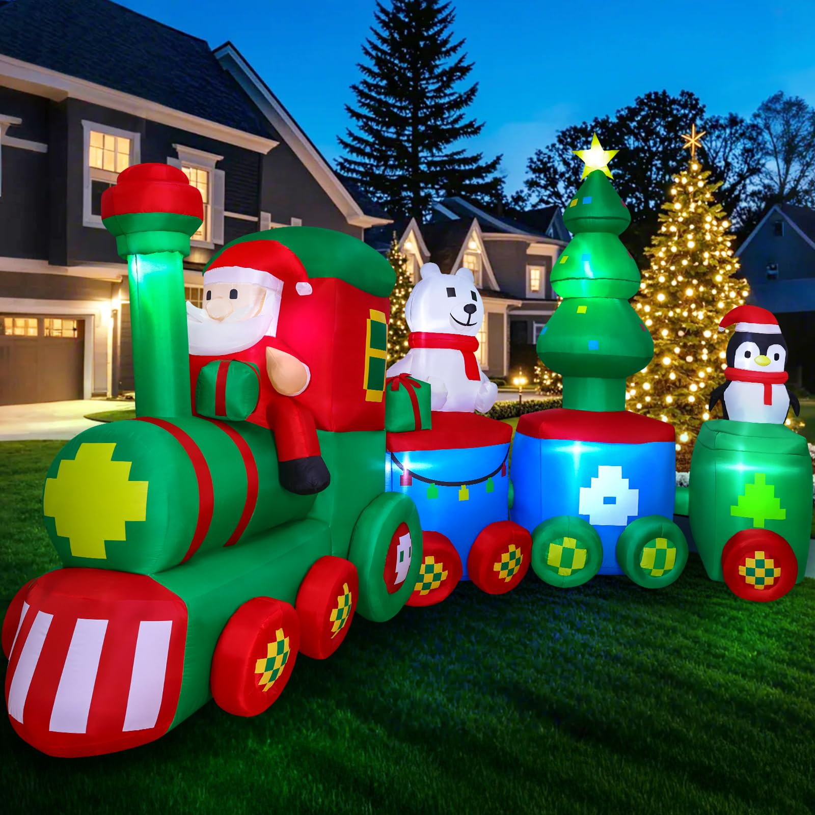 MGparty 14FT Christmas Inflatables Train with Santa Claus Bear Penguin Christmas Tress Built-in LED Lights Blow Up for Party Hol