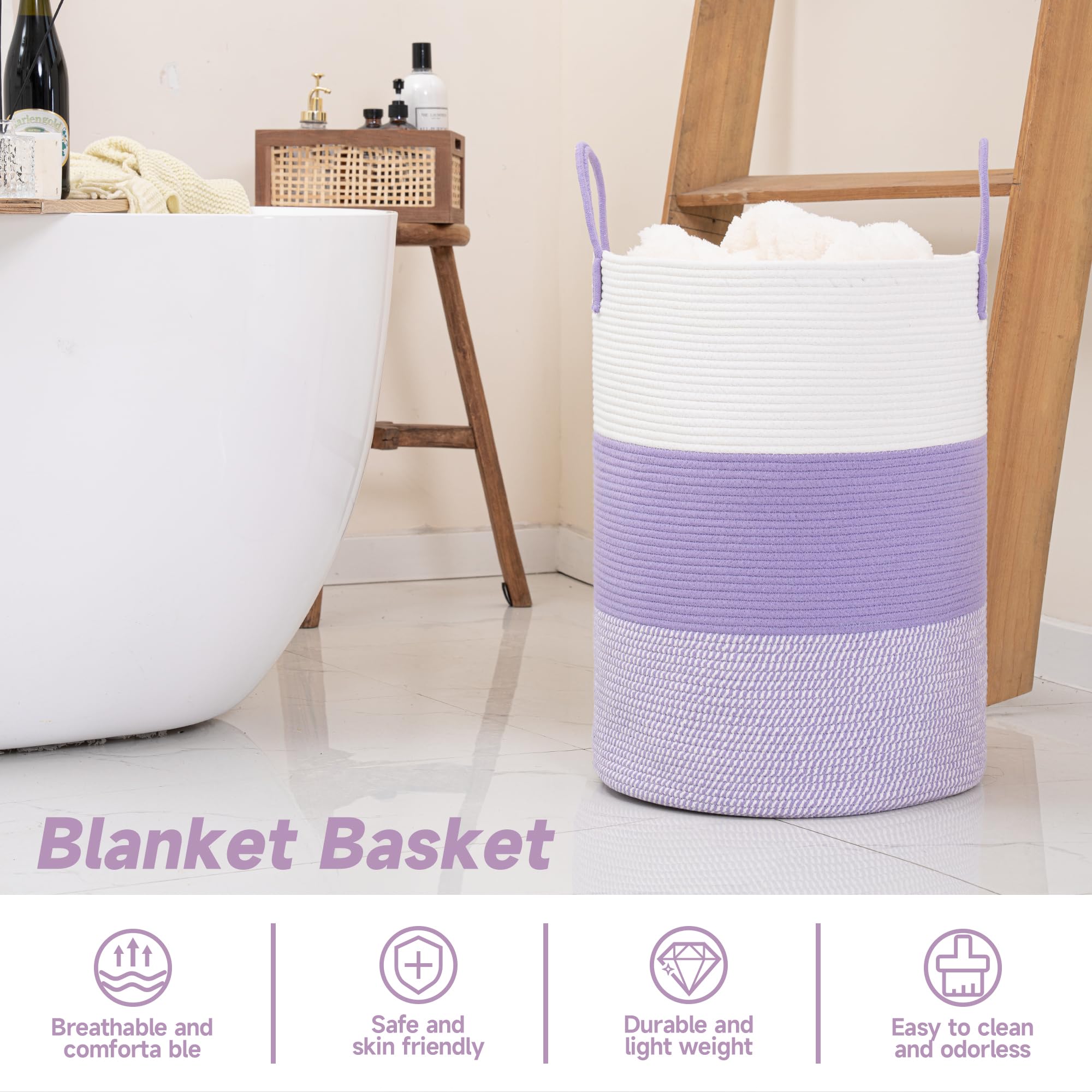Clhmily&Z 100L Laundry Basket Round Storage Rope Basket - 18.1X24 Inches - Lavender Hamper In Bedreoom And Cute Storage Bin For