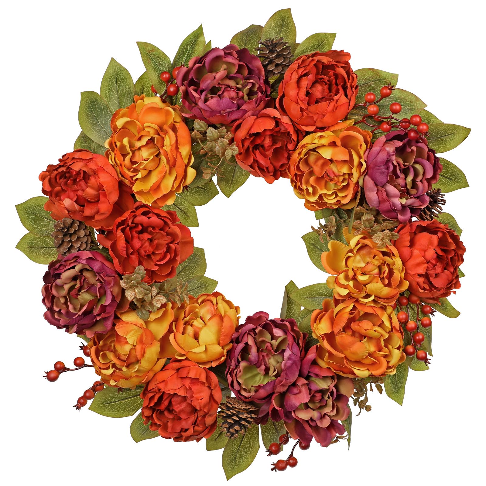 Fall Teardrop Swag with Peonies - 23.6 Inch Artificial Hanging Floral Wreath with Berries & Leaves for Thanksgiving Autumn Decor