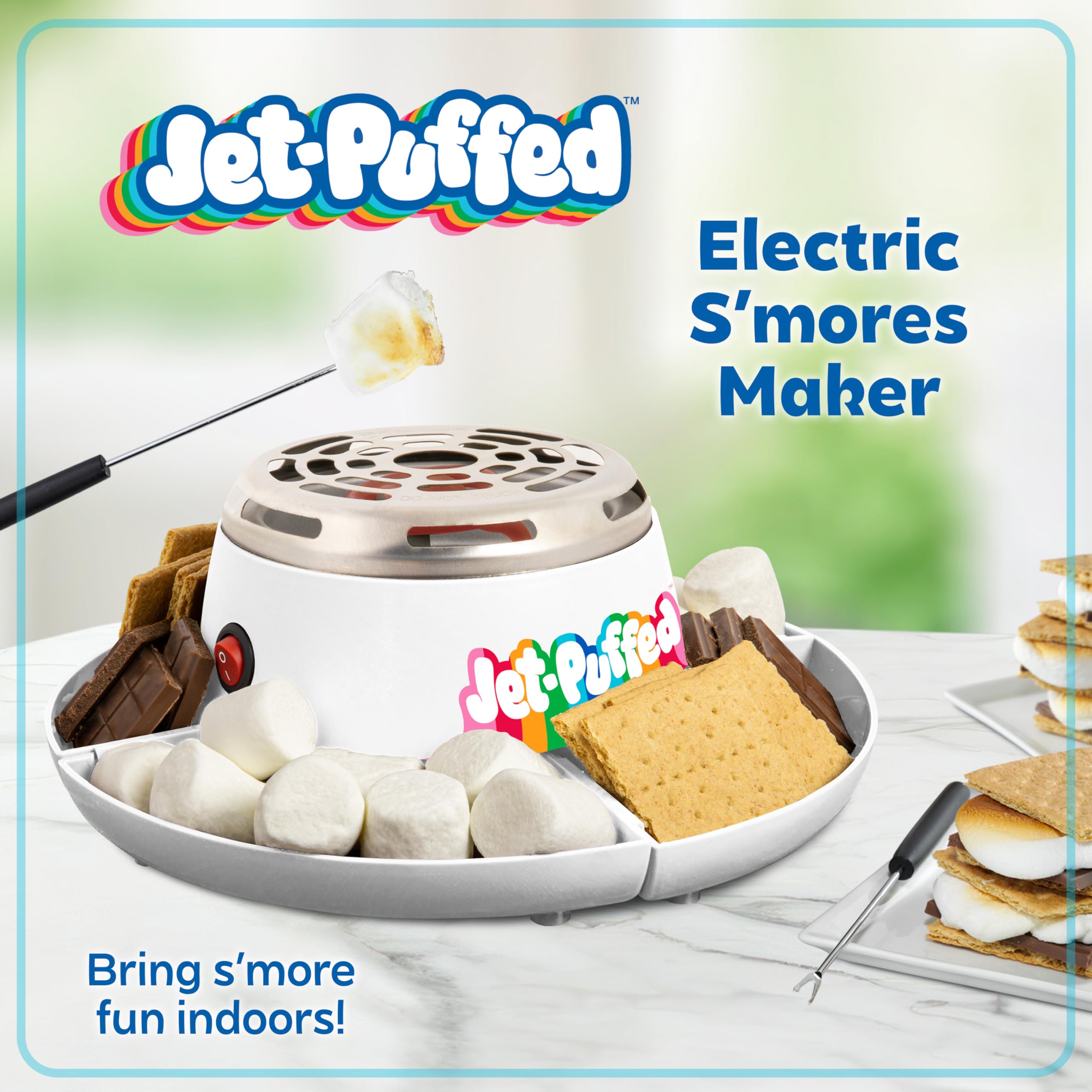 Nostalgia Jet-Puffed Tabletop Indoor Electric S'Mores Maker - Smores Kit With Marshmallow Roasting Sticks And 4 Compartment Tray