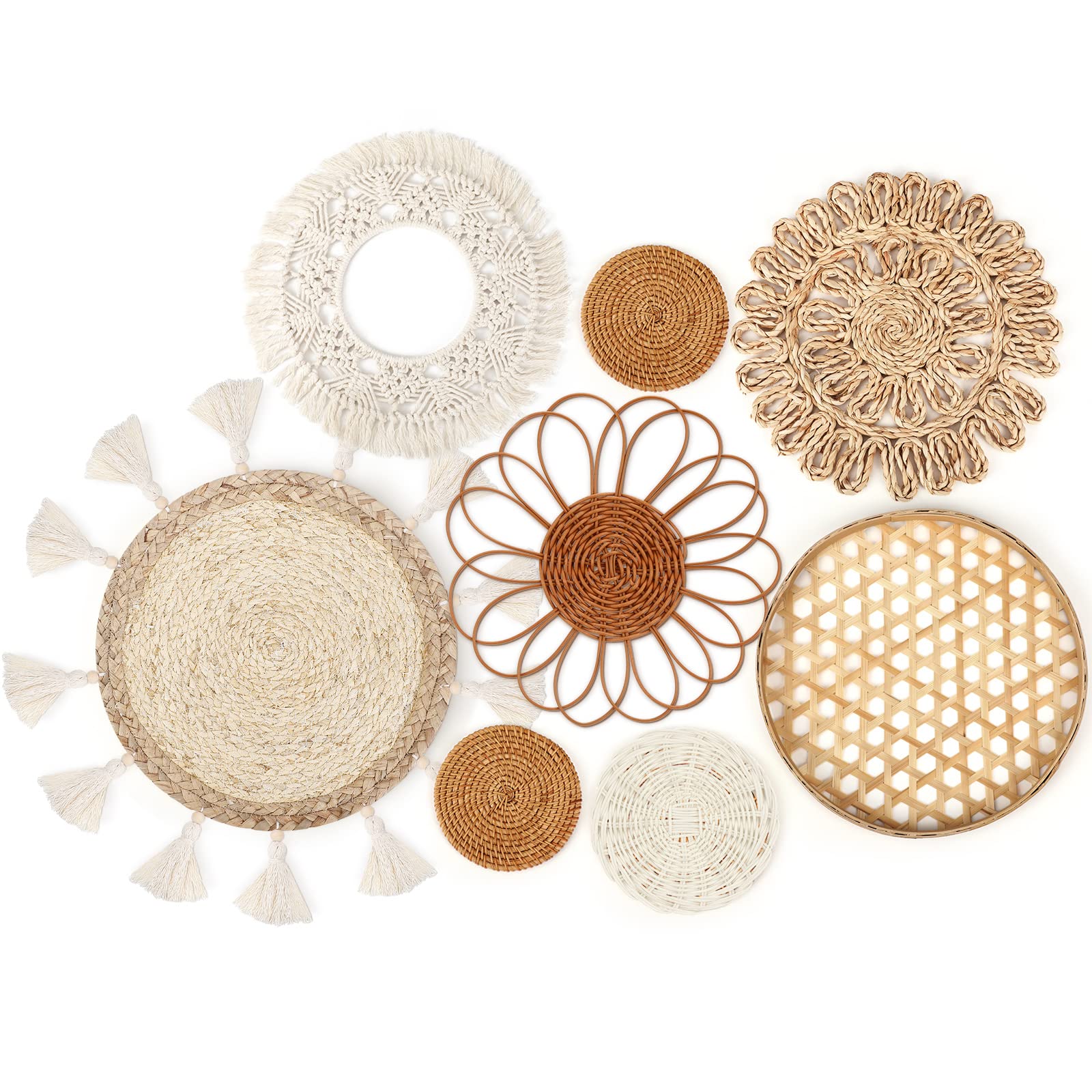 Set Of 8 Boho Wall Basket Decor Flat Woven Basket Wall Decor Set Rattan Wall Decor Round Bamboo Hanging Wall Basket Macrame Tass