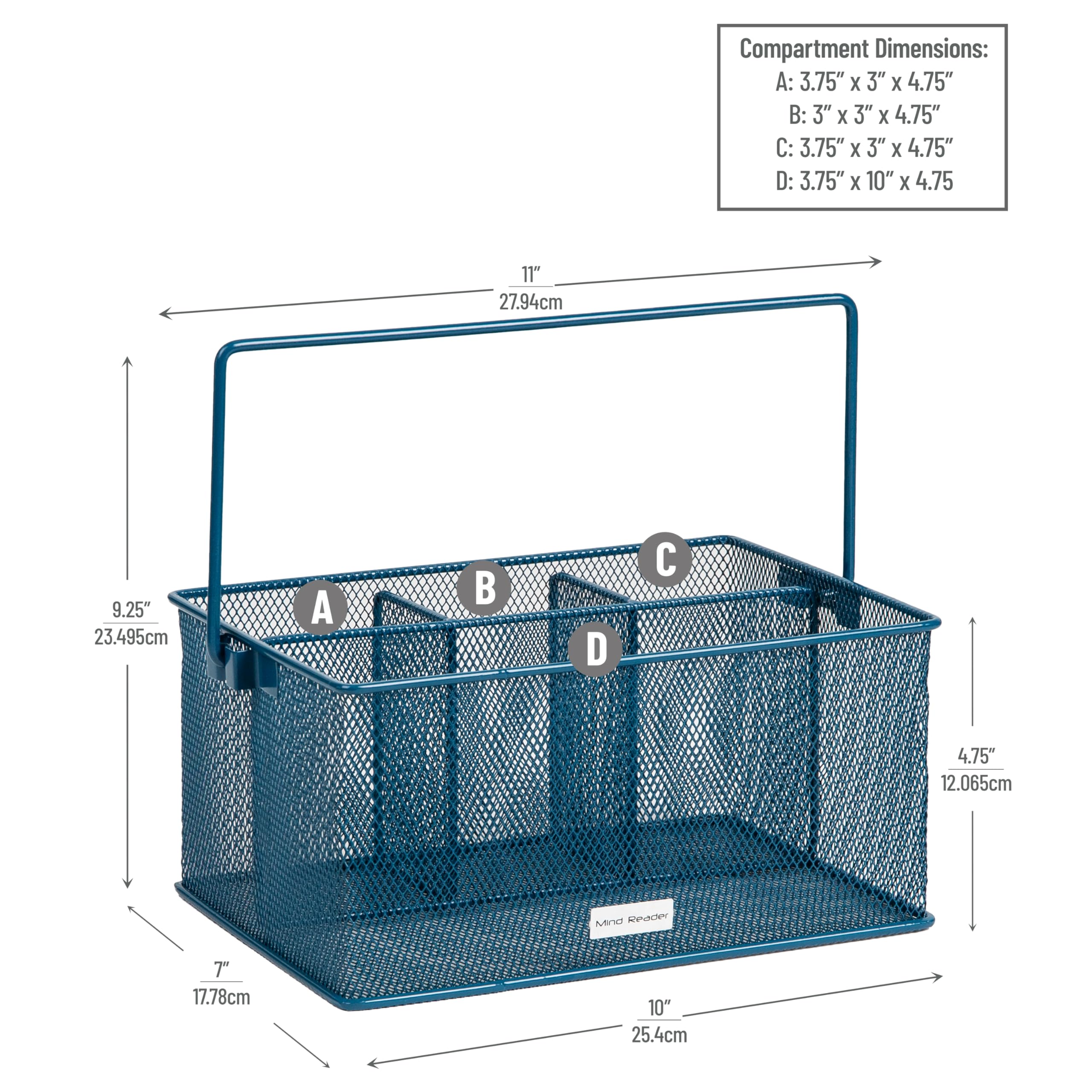 Mind Reader Storage Basket Organizer Utensil Holder, 4 Compartments, Turquoise