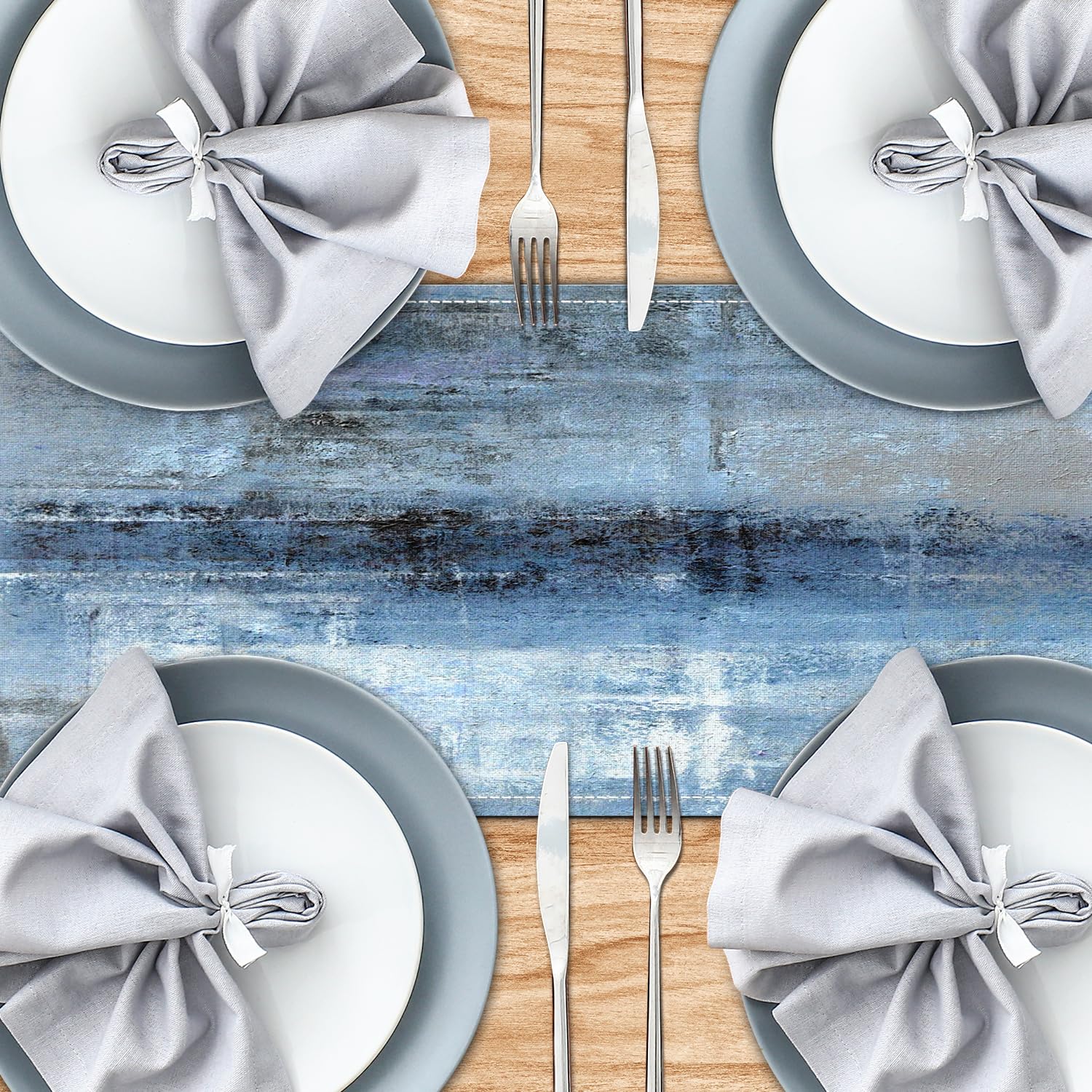 Blue Grey Long Table Runners Modern Art Farmhouse Linen Table Runners Dresser Scarves Retro Rustic Style for Party Kitchen Dinin