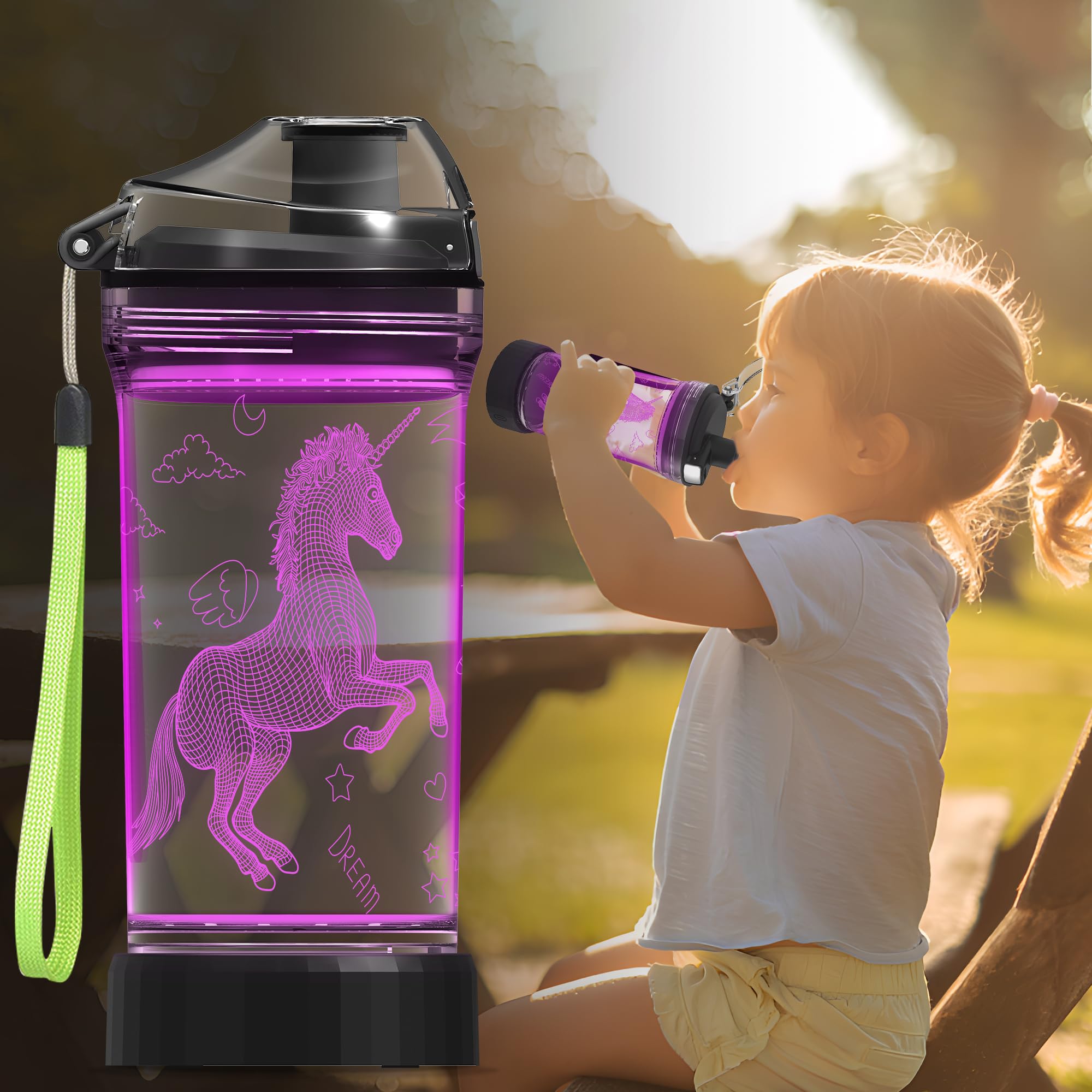 CoolGift Mart Unicorn Gifts for Girls, Light Up 3D Unicorn Water Bottle, 14oz Tritan BPA Free - Kids Drinking Cup - Christmas Ho