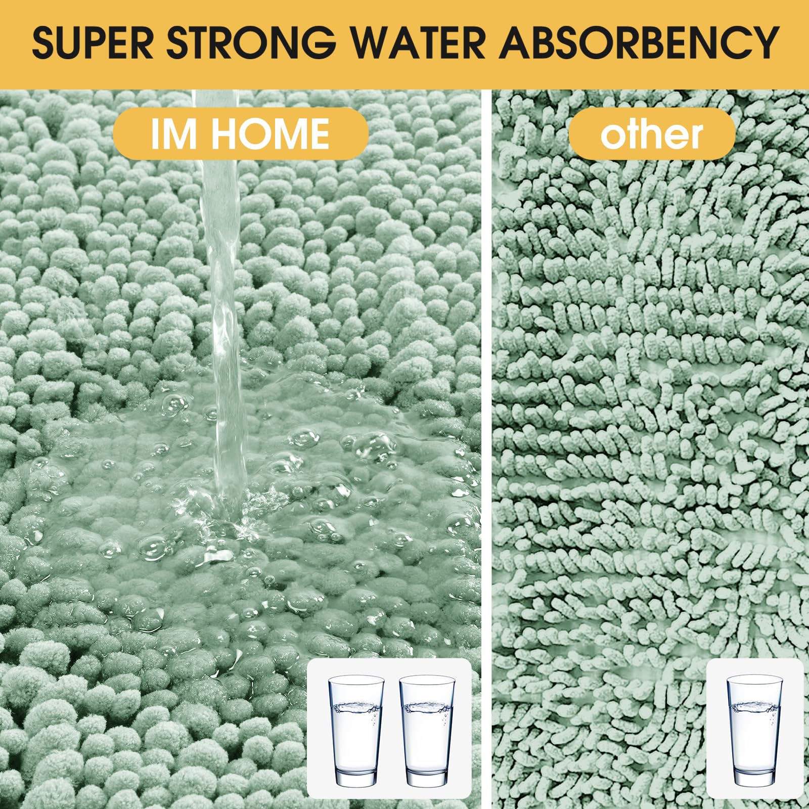 Accumtek Upgrade Extra Large Sage Bathroom Rug Set 3 Pieces Ultra Soft, Thick Absorbent Bath Mats, Non Slip Chenille Toilet Mat