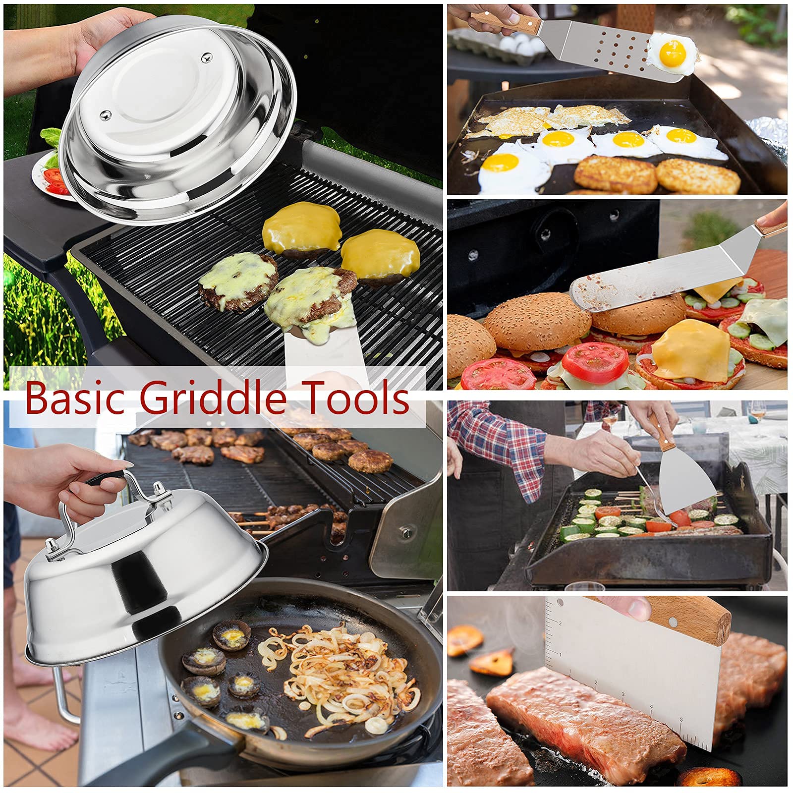 Griddle Accessories Set of 20  HaSteeL Complete Stainless Steel Griddle Spatula Tools with 9? Melting Dome  Heavy Duty Metal Spatulas Choppers Cast Iron Grill Press for Flat Top Teppanyaki BBQ Outdoor