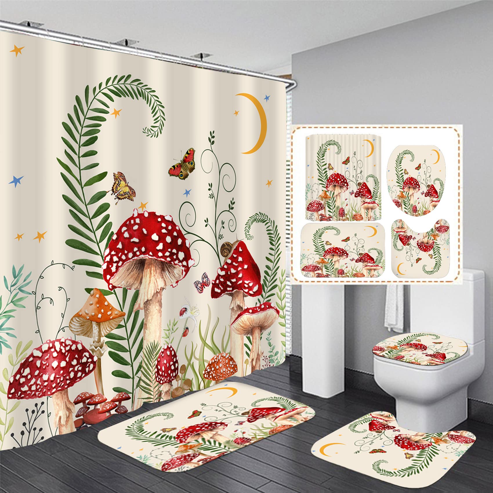 4Pcs Mushroom Butterfly Flower Shower Curtain Set With Non-Slip Rugs, Toilet Lid Cover And Bath Mat, Moon Stars Shower Curtain W