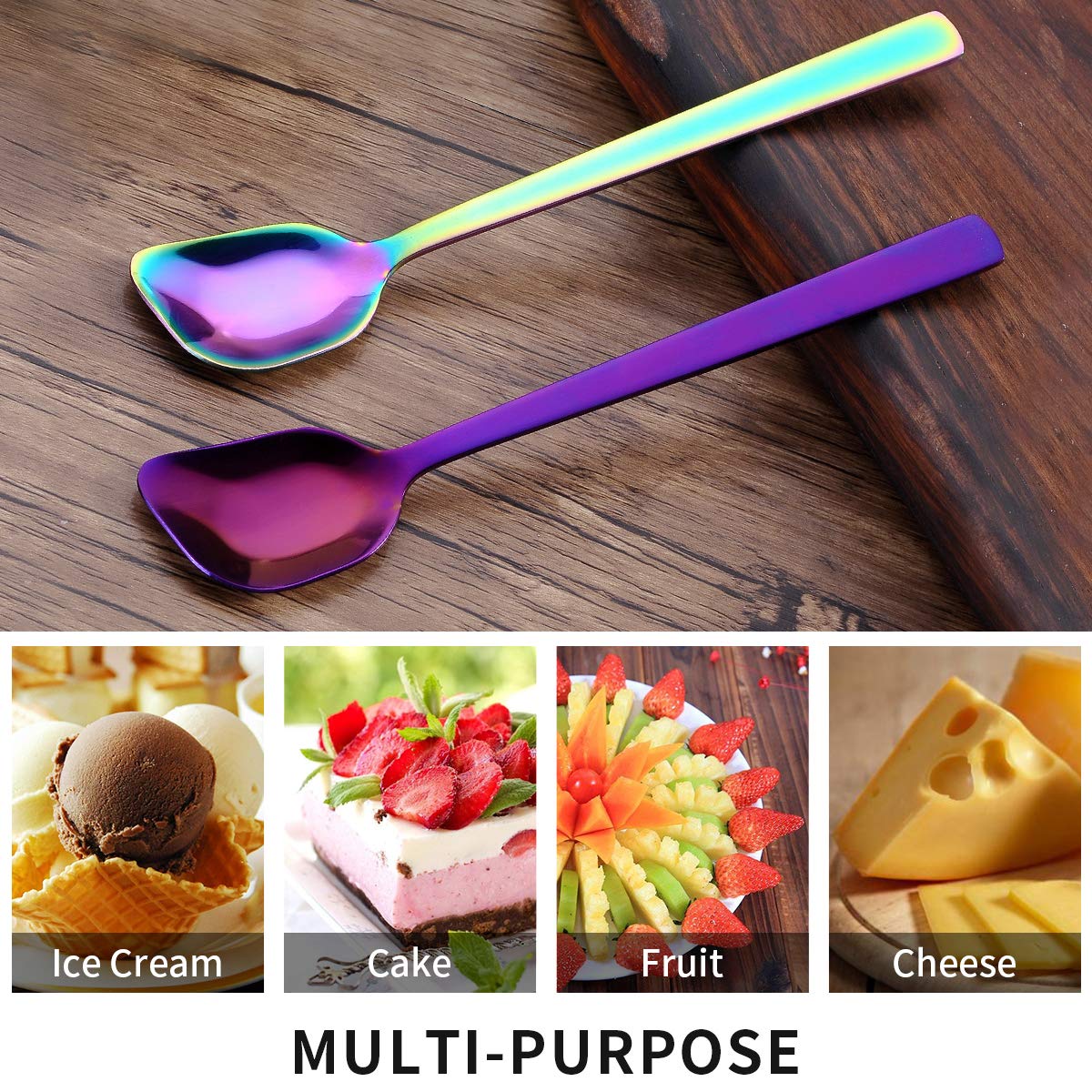 Gogeili Yogurt Spoon, Stainless Steel Gelato/Ice Cream Spoon, Multi-Color Fruit Spoon, Dessert Spoon, 6.4-Inch, Set Of 6