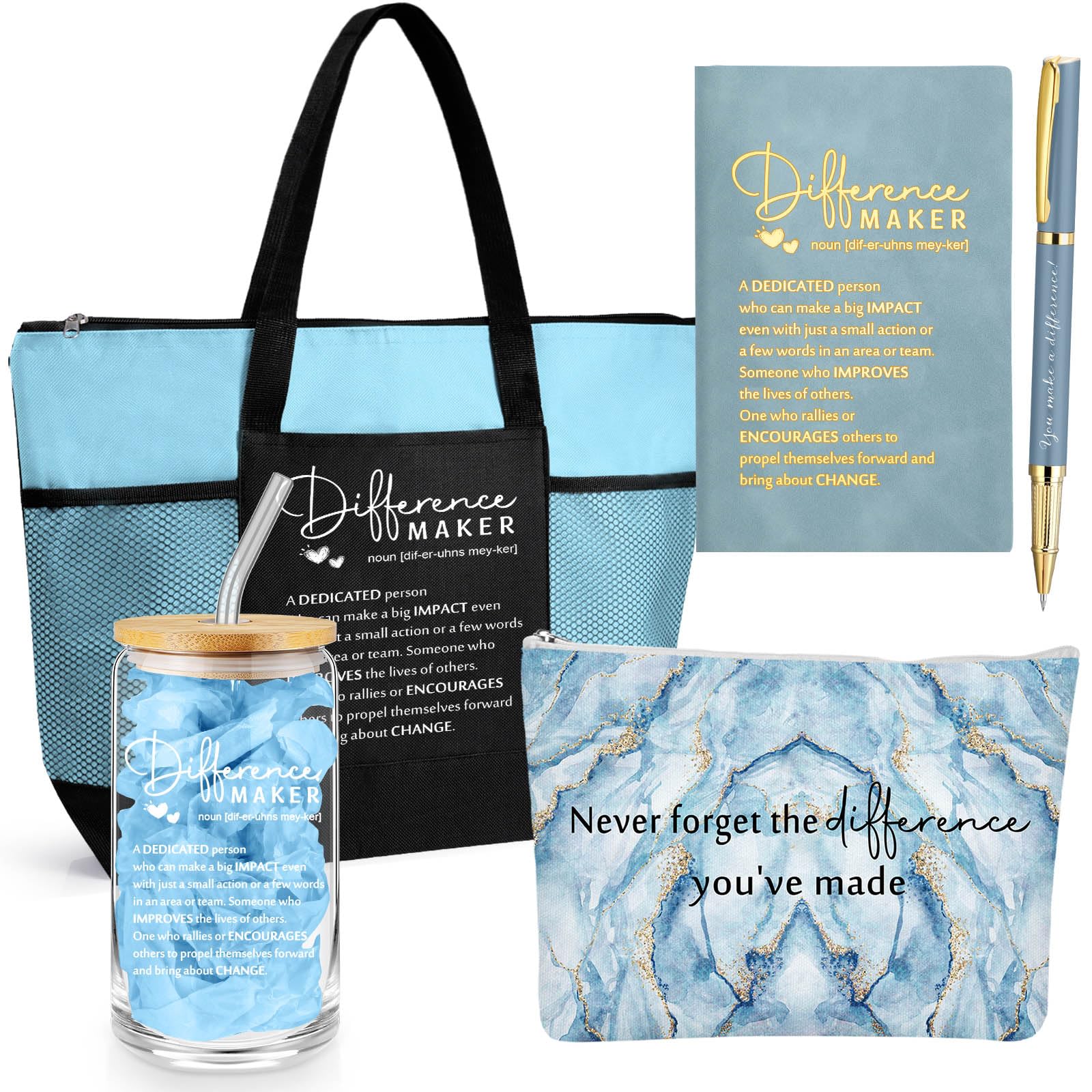Meanplan 5 Pcs Difference Maker Gifts for Women Employee Appreciation Journal Tumbler Tote Bag Makeup Bag You Make a Difference 
