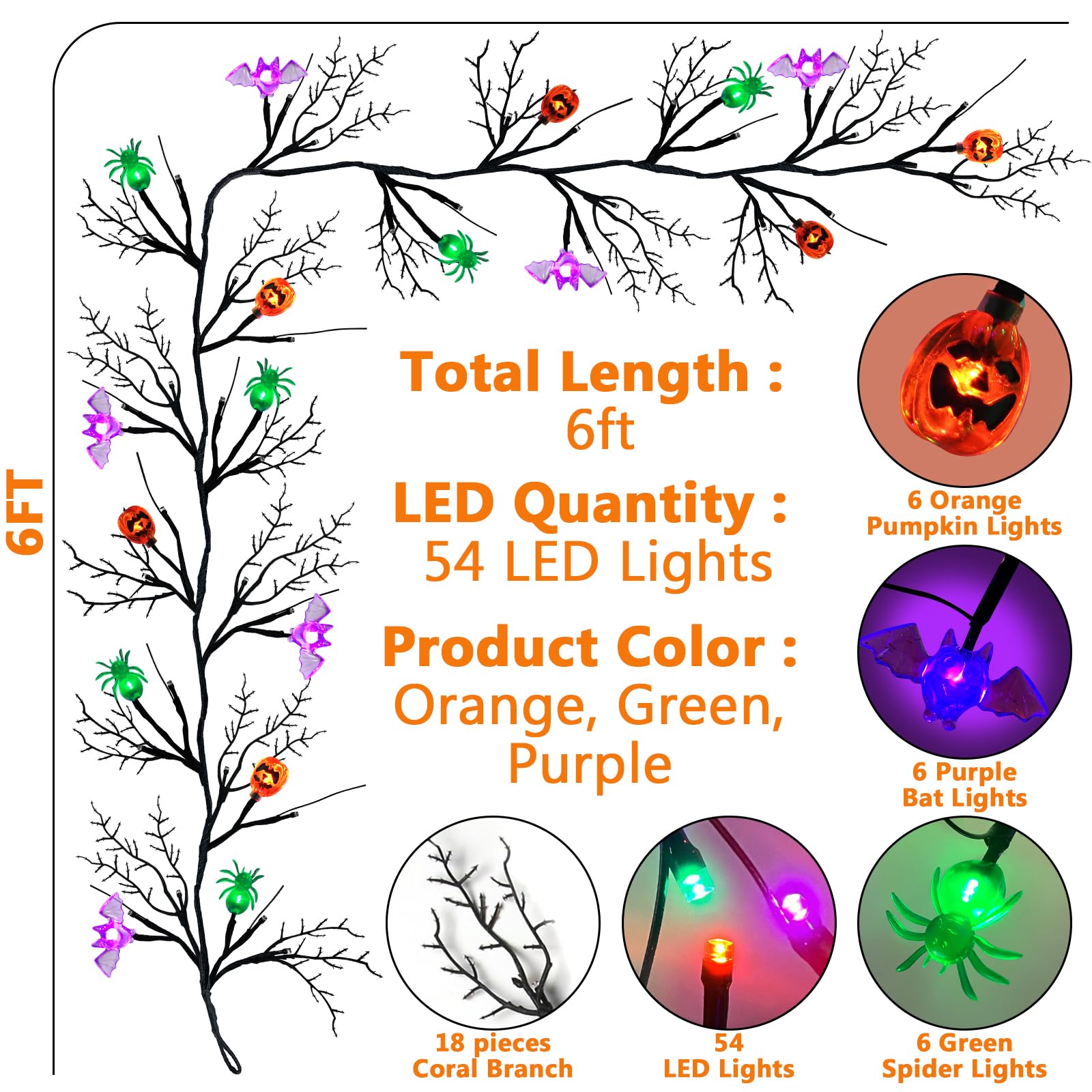 SURCVIO [ 8 Modes & Timer ] 6 Ft 54 LED Halloween Willow Vine Twig Decor Garland with 6 Bats & Pumpkins & Spiders Lights Waterpr