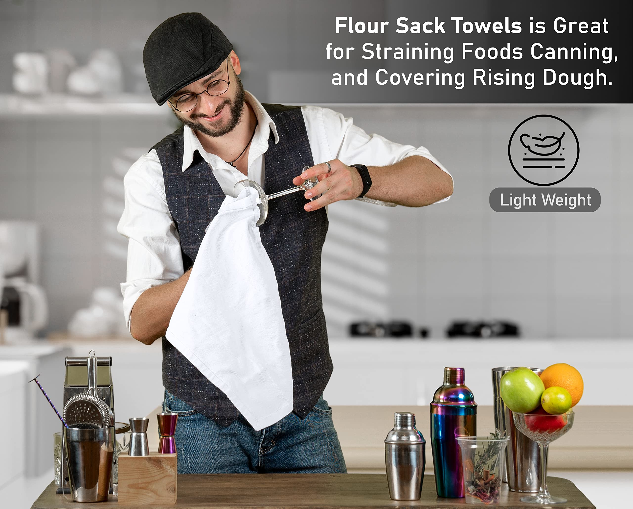 RUVANTI Flour Sack Towels 12 Pack - 28x28 Inches, 100% Cotton, Absorbent, Machine Washable, White