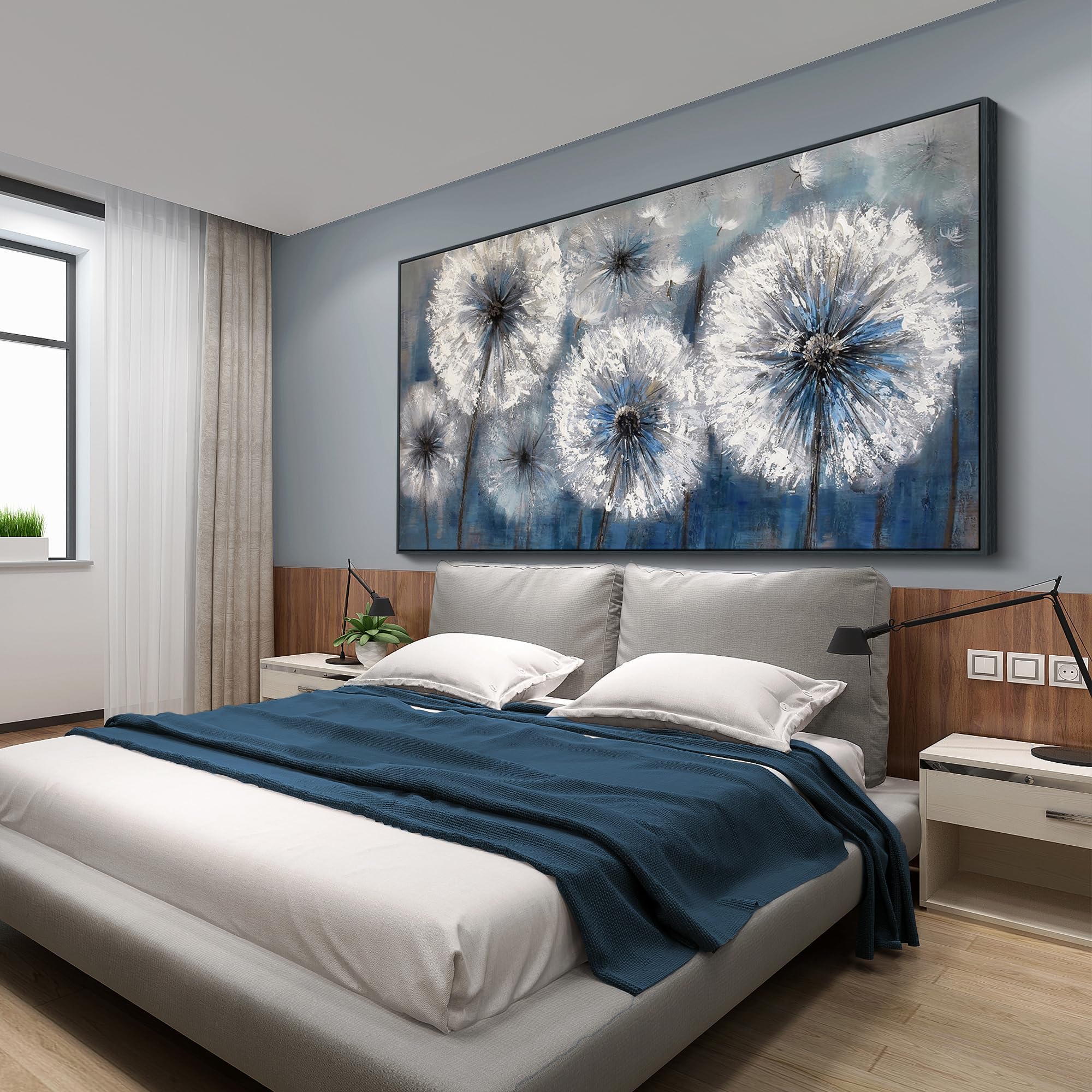 Pogusmavi Dandelion Wall Art Blue Wall Decor Painting Living Room Plant Pictures Framed Paintings For Wall Decorations Artwork F