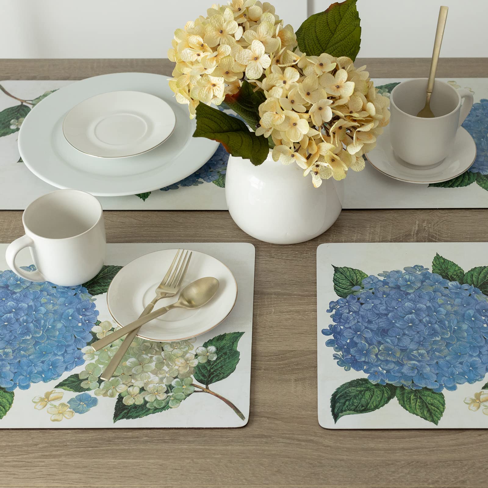 Benson Mills Cork Placemats Set of 4  Thick Cork Place Mats for Kitchen and Dining Tables  Easy Clean Table Mats (12'' x 16'' Rectangular Set of 4  Hydrangea Floral)