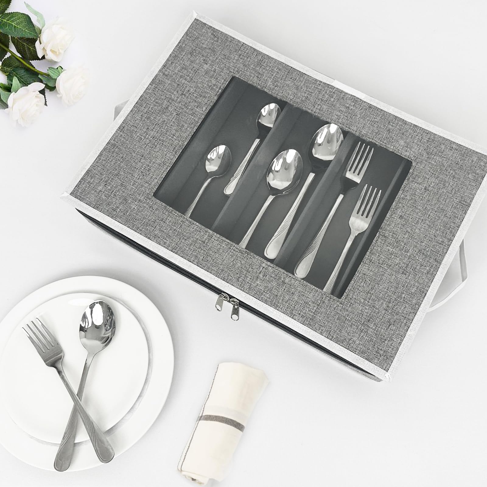 Homyfort Flatware Storage Box, Silverware Utensil Storage Case Organizer, Tableware Cutlery Storage Container With Cover/Lid And