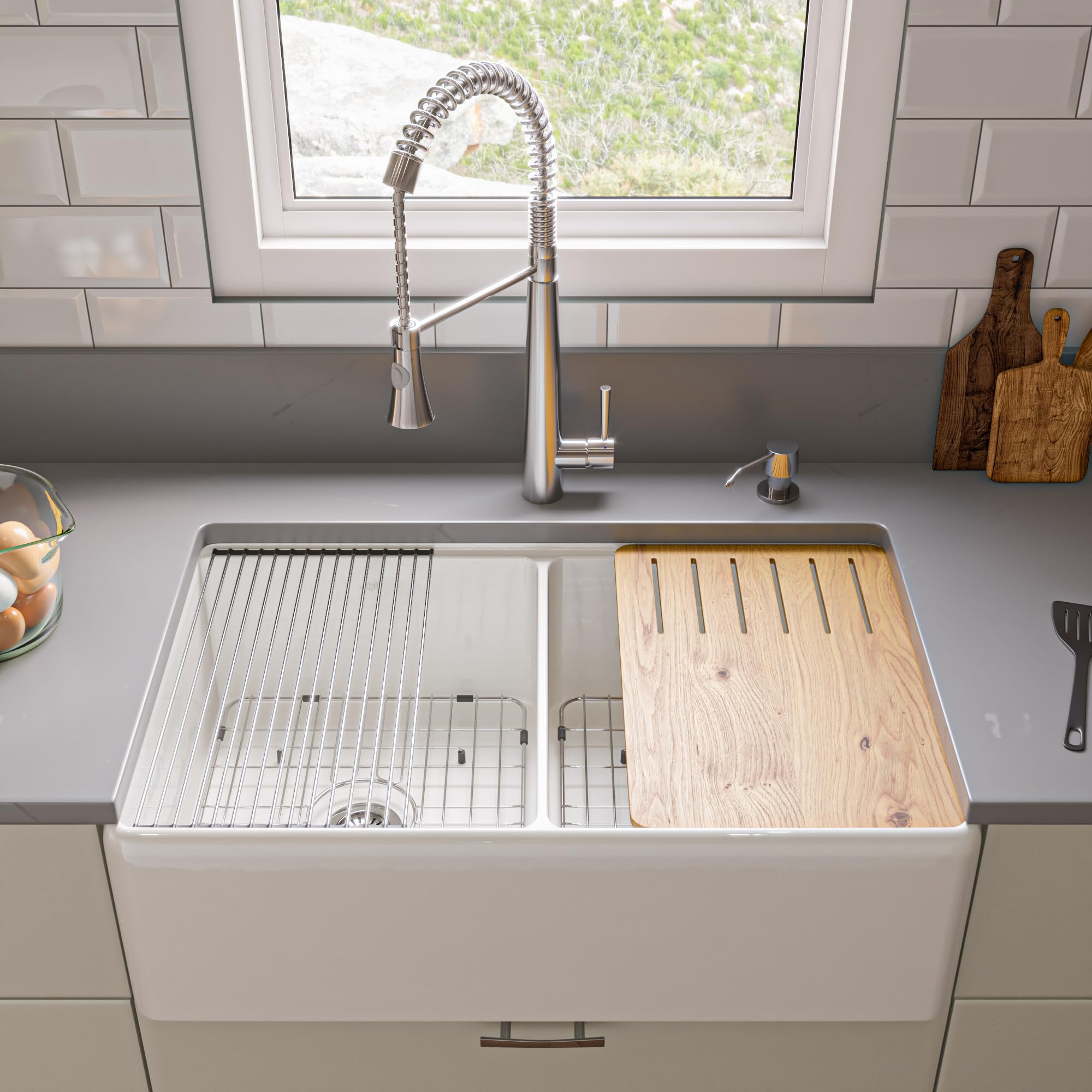 Alfi Brand Abfs3320D-W White 33'' X 20'' Workstation Double Bowl Step Rim Fireclay Farm Sink With Accessories