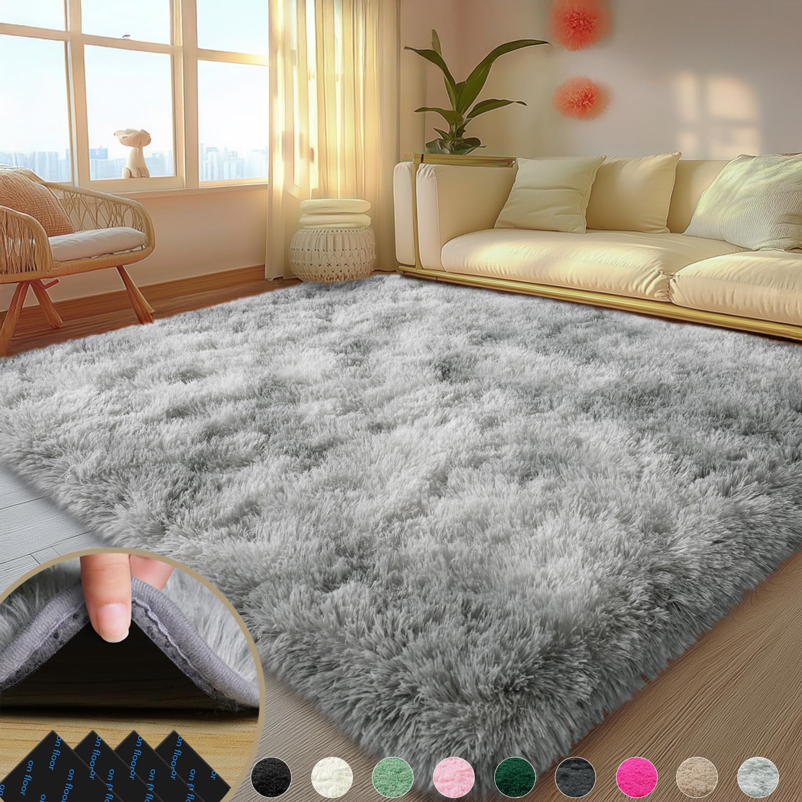 Mugorn 5x7 Rugs for Living Room, Large Fluffy Area Rugs for Bedroom, Soft Carpet Shag Kids Rug with 4 Non-Slip Rug Pads (Grey Ti