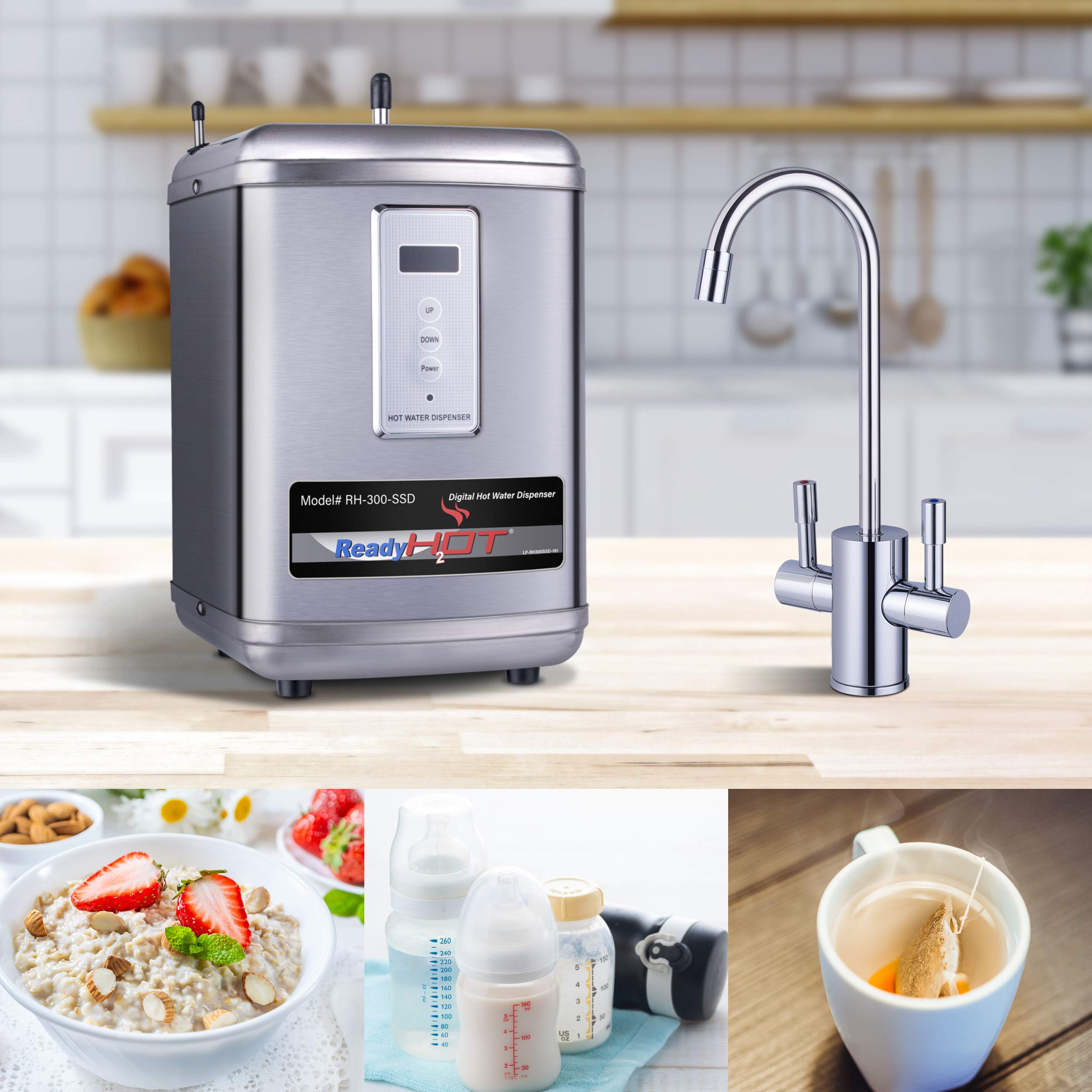 Ready Hot 41-RH-300-F560-CH Instant Hot Water Dispenser System  2.5 Quarts  Digital Display Dual Lever Hot and Cold Water Faucet Polished Chrome