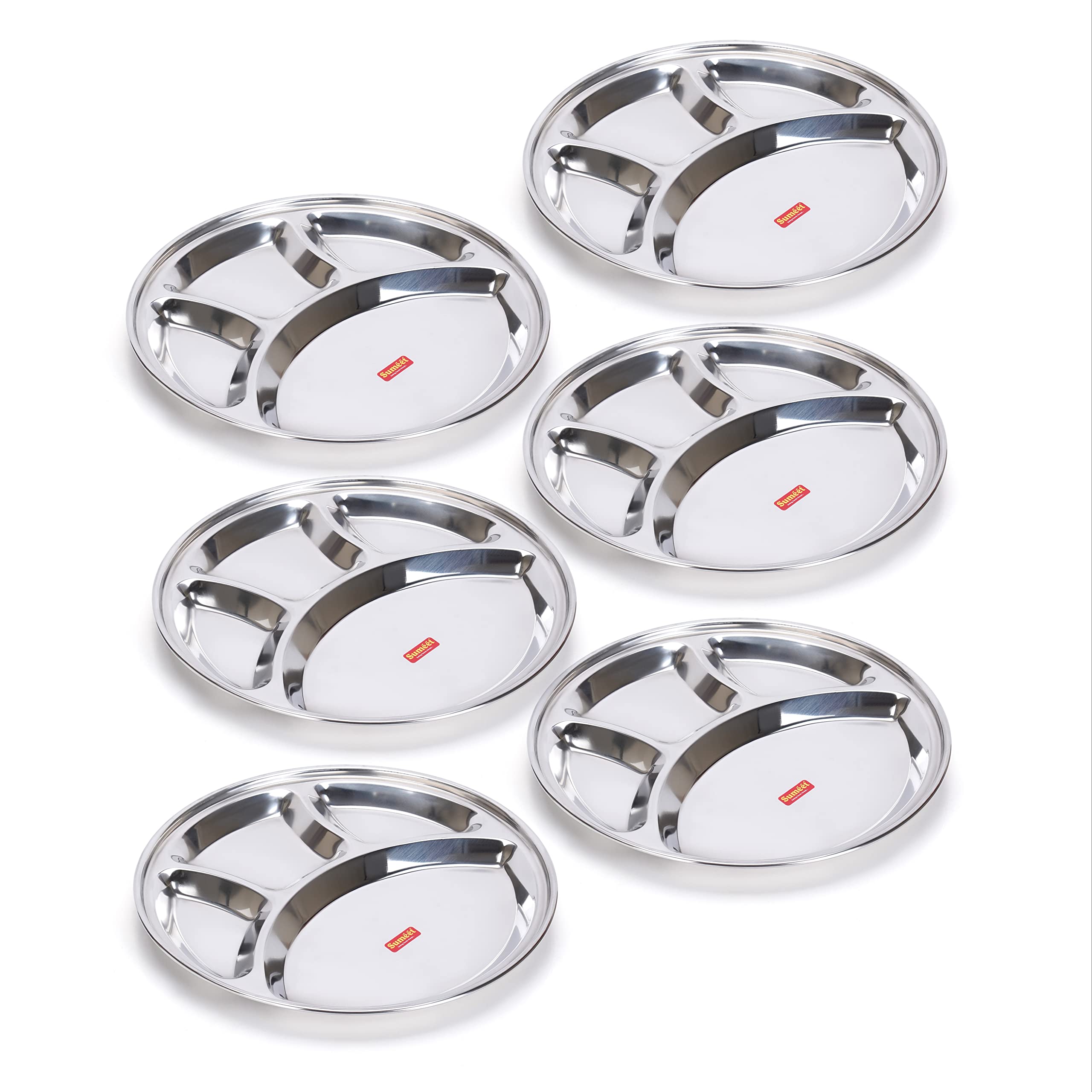 Sumeet Stainless Steel Round 4 in 1 Compartment Lunch Dinner Plate Set of 6Pcs  32.5cm Dia  Silver