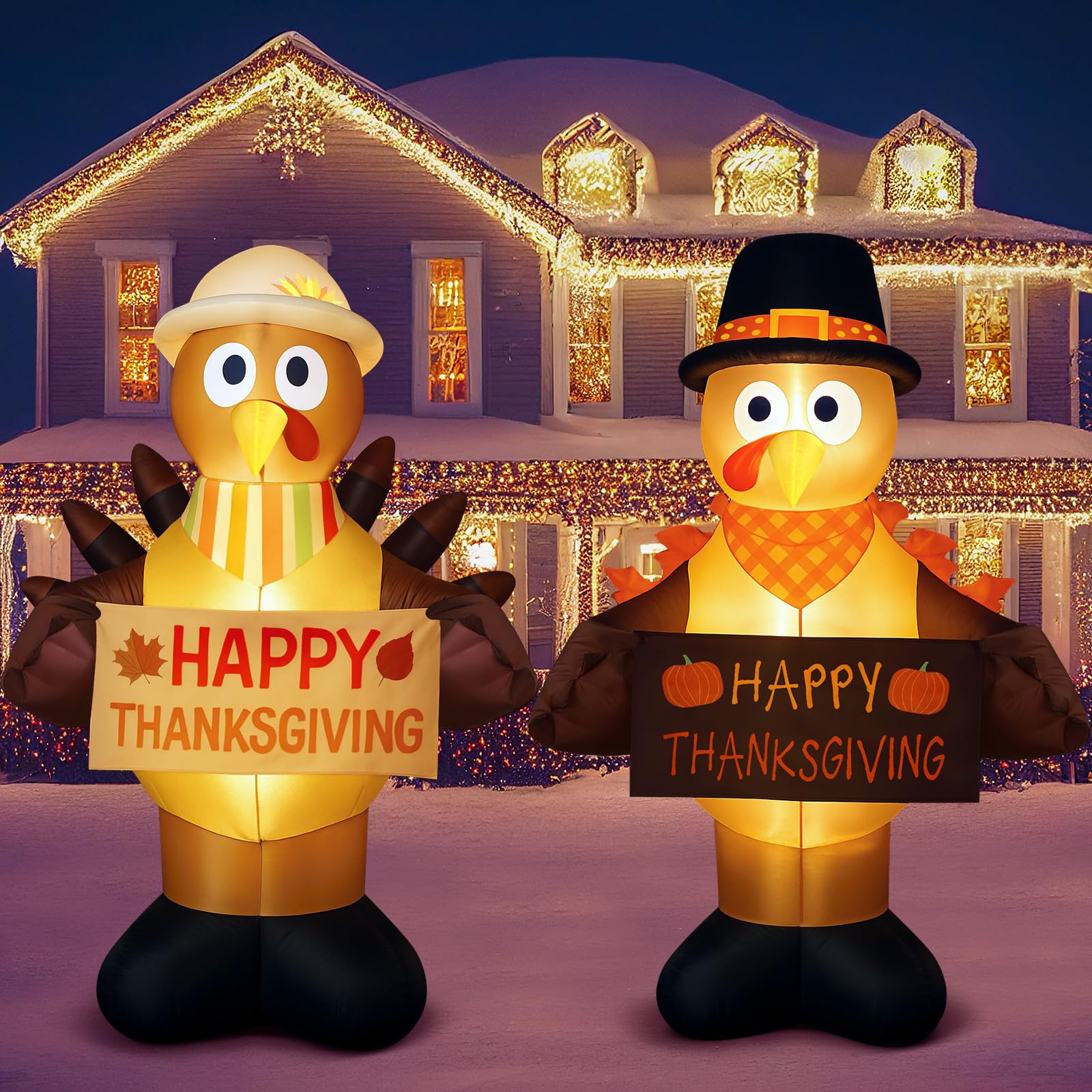 2 Pack 6ft Thanksgiving Inflatables Turkey Outdoor Decoration Thanksgiving Turkey Blow Ups for Outside with Built-in LEDs Inflat