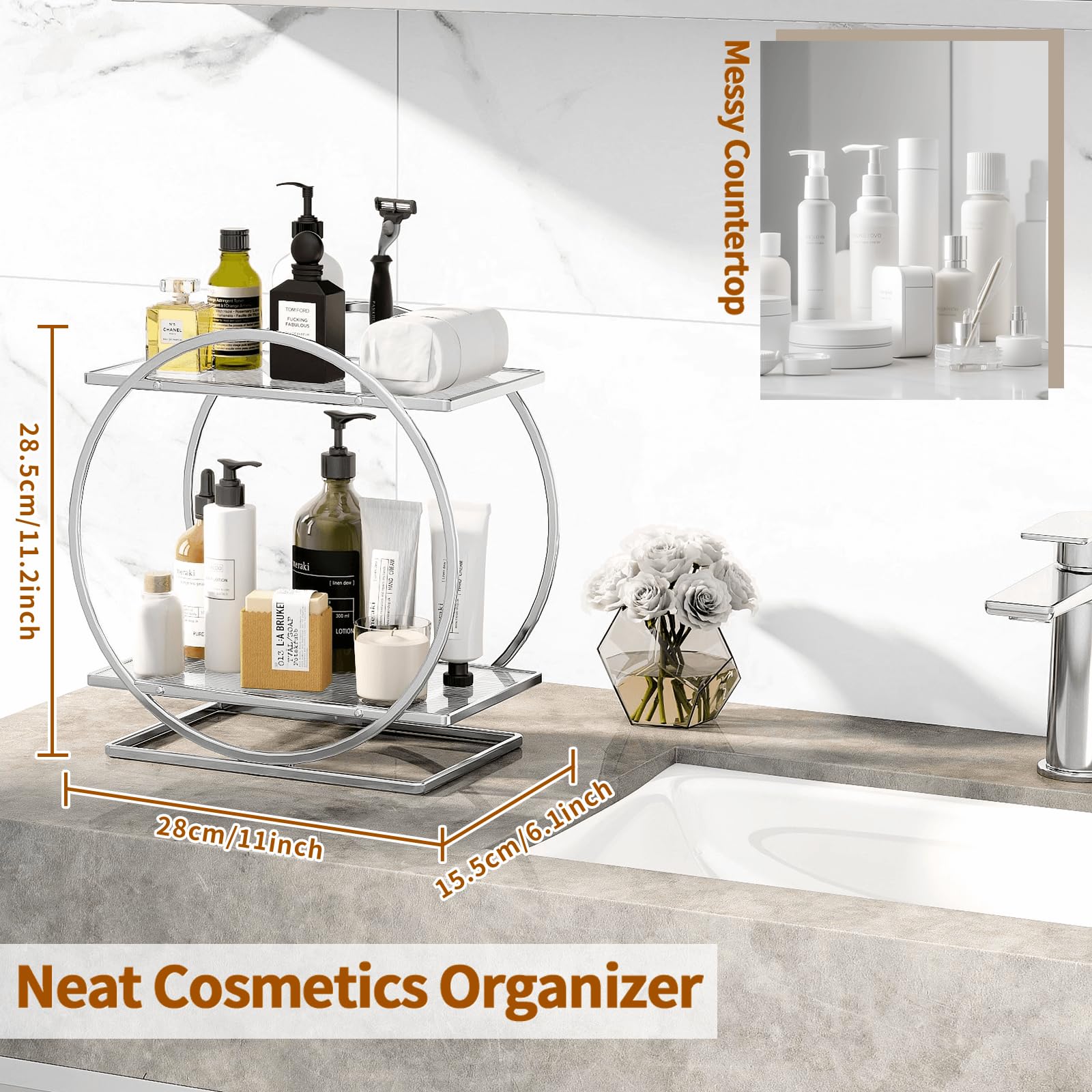 Yiwanfw Perfume Organizer For Bedroom Dresser- Sliver Makeup Organizer For Vanity, 2 Tier Bathroom Countertop Organizer Perfume