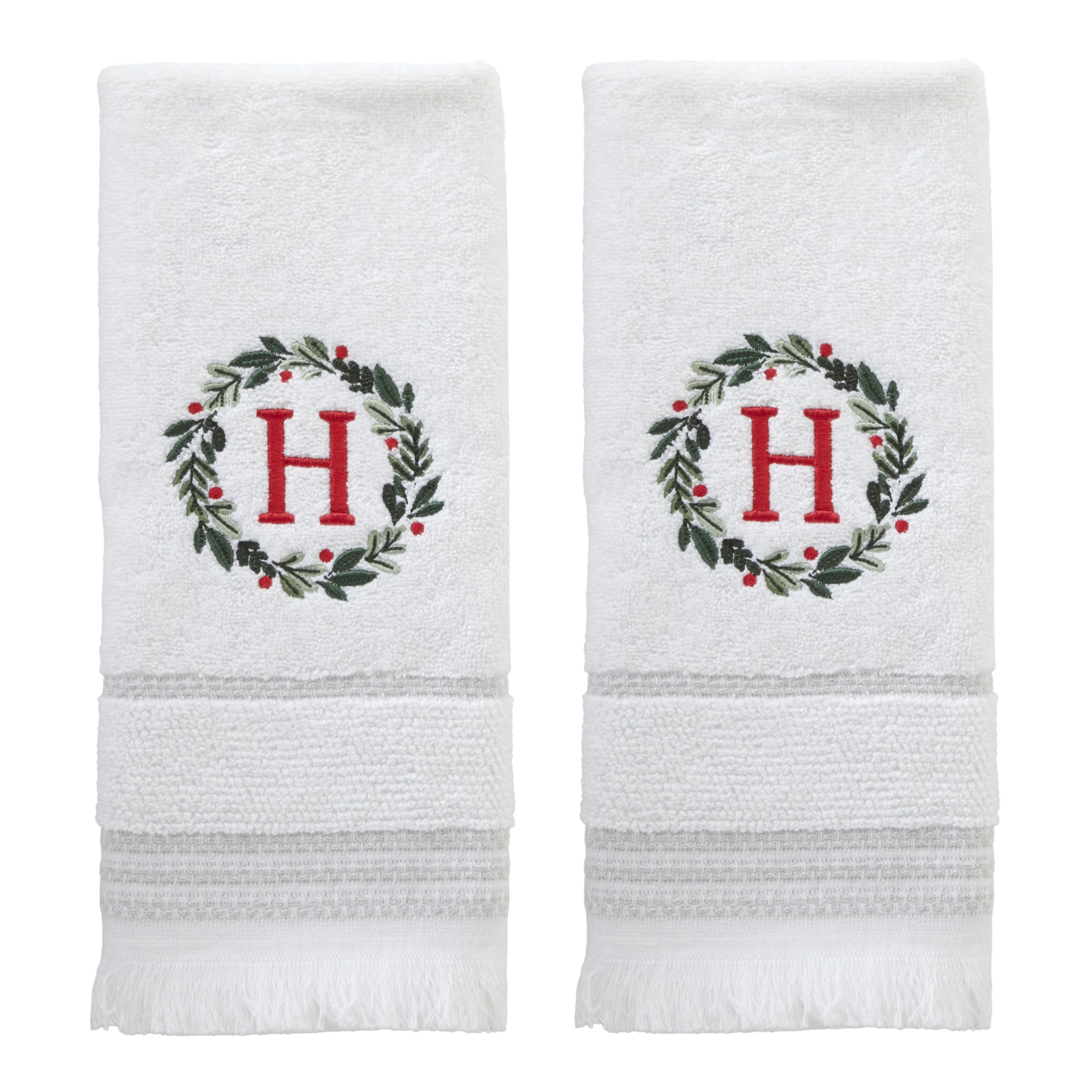 SKL Home Christmas/Winter Wreath Monogram Hand Towel H 2pc Set for Bath/Kitchen/Bar & Gift, White