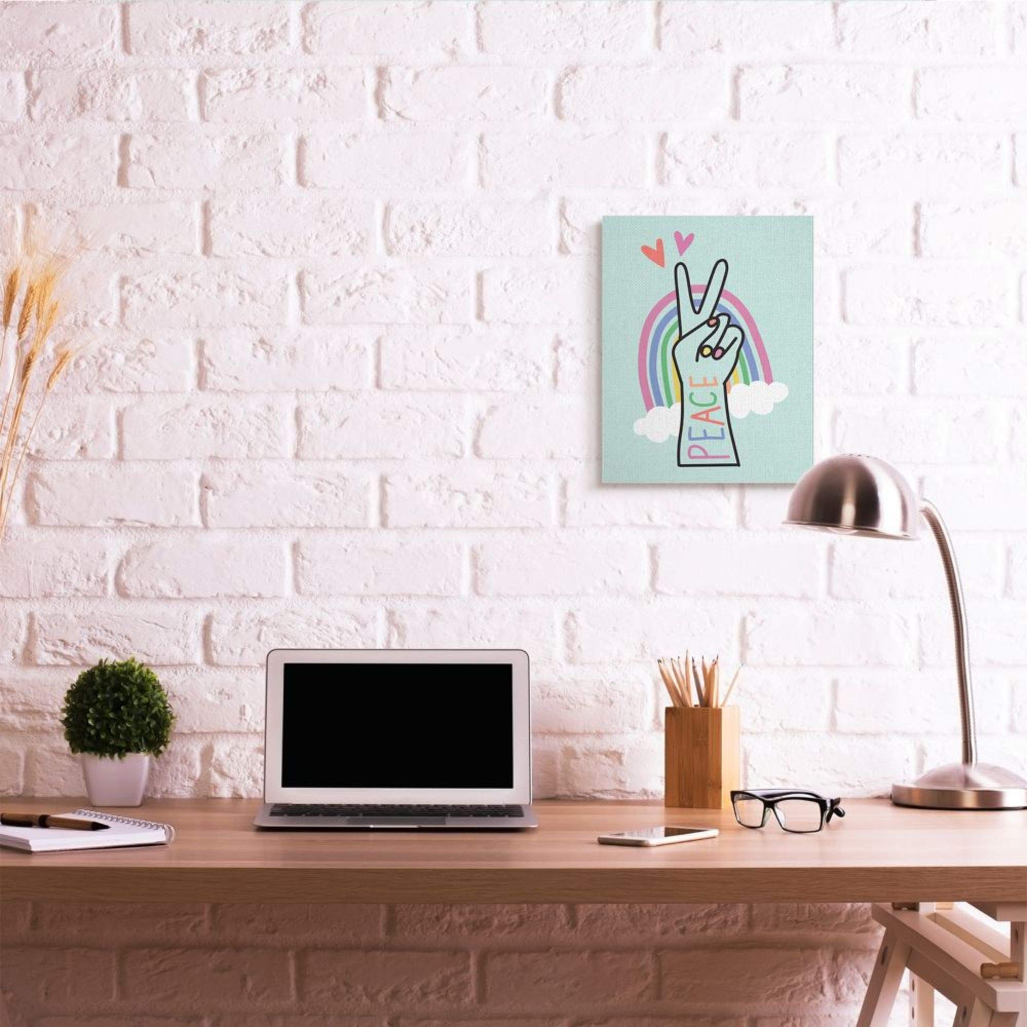 Stupell Industries Peace Love Rainbow Playful Turquoise Hand Sign Canvas Nina Seven Wall Art, 16 X 20